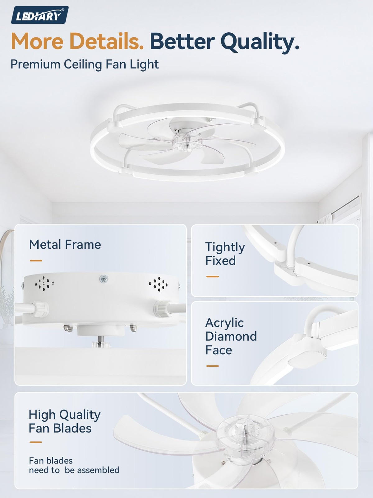 LEDIARY 26 Inch White Ceiling Fan Light Remote App