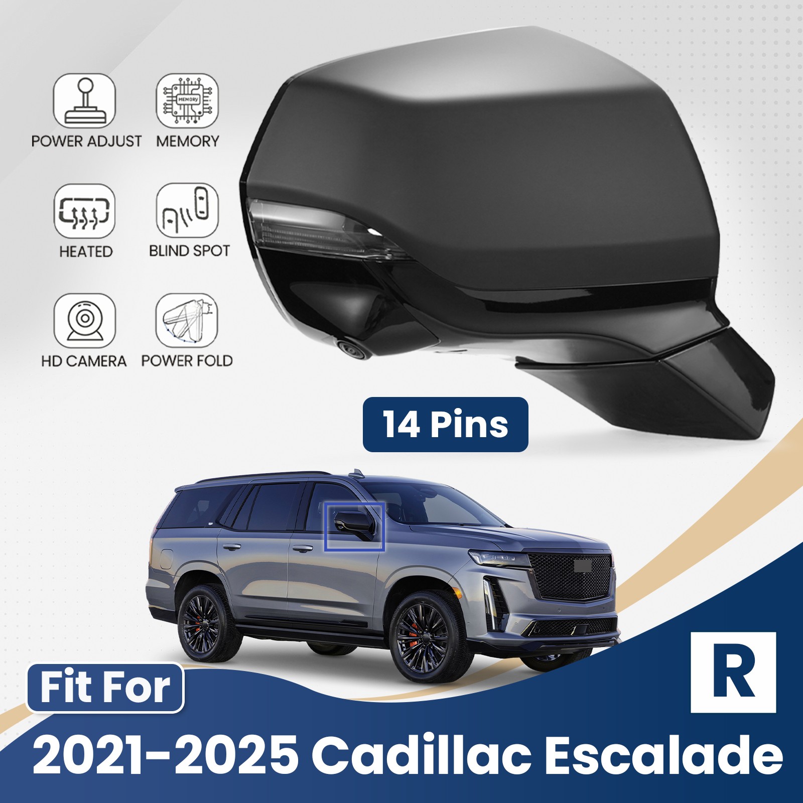 Side Mirror For 2021-2025 Cadillac Escalade W/ BSD W/ Camera Heated Right 14 Pin