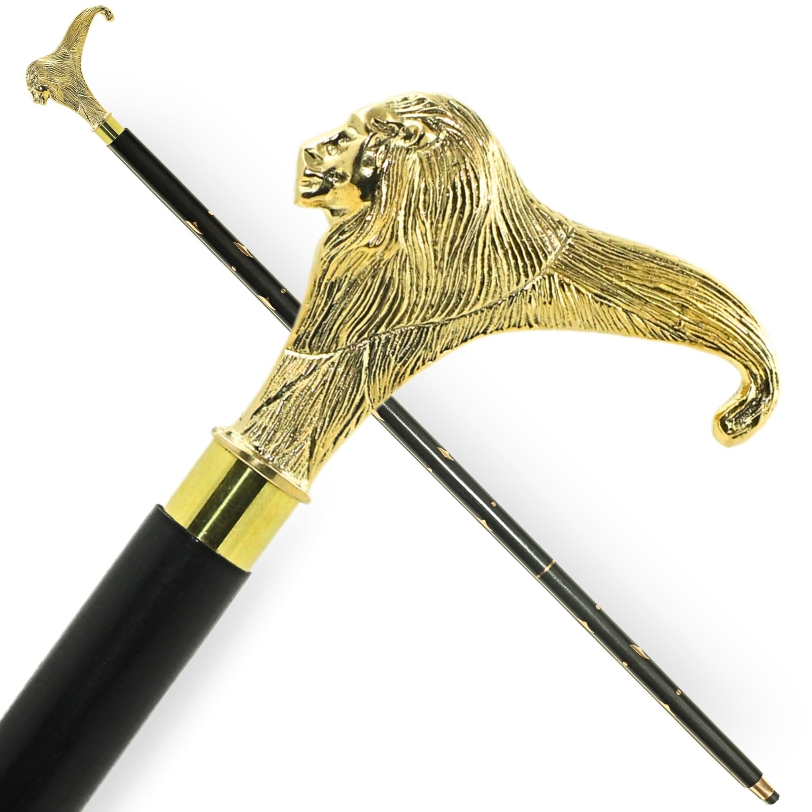 ANTIQUANA Solid Brass Lion Head Handle Wooden Walking Stick Cane Vintage...