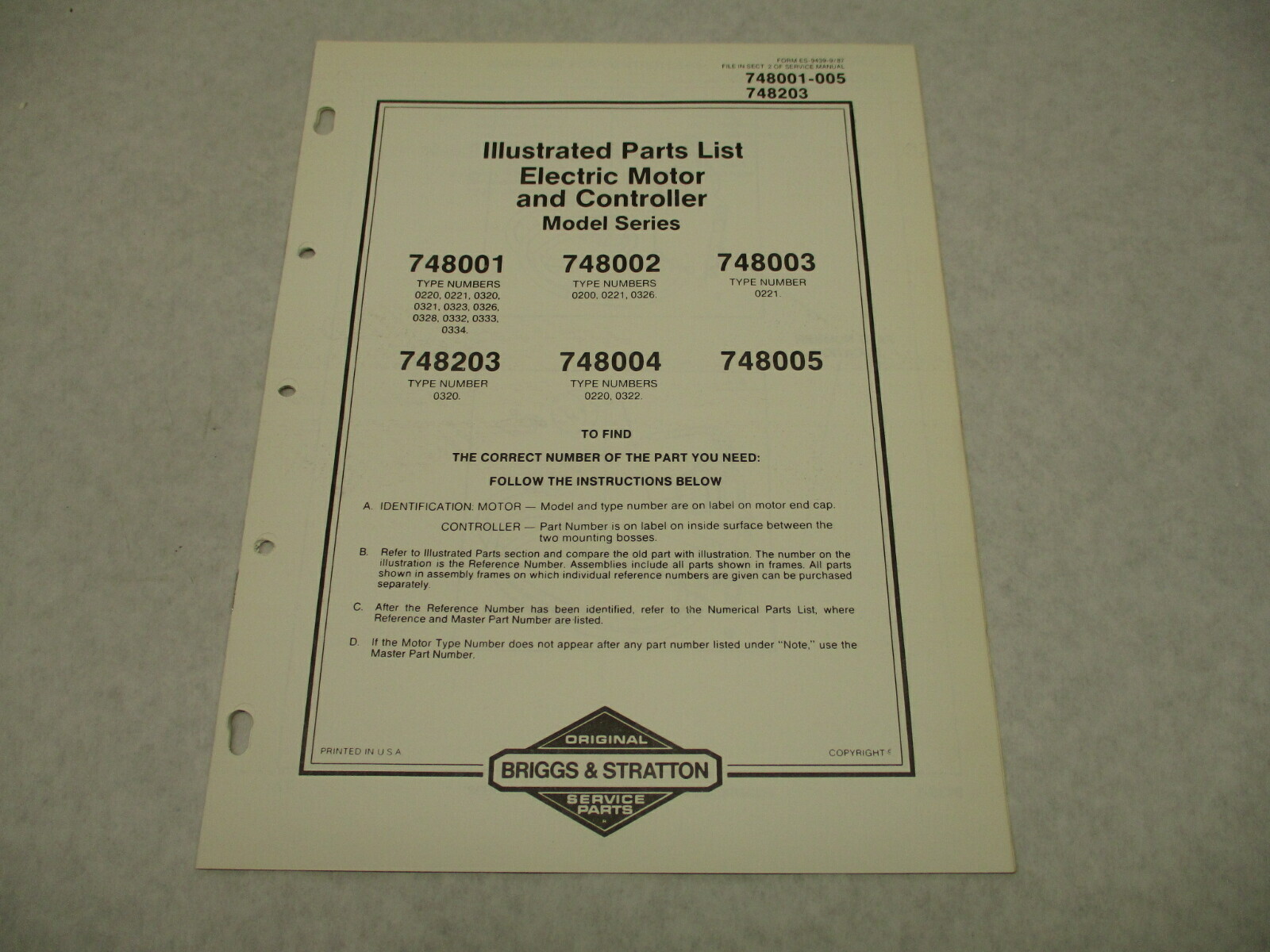 MS-9439-9/87 Briggs & Stratton Illustrated Parts List for 748001-005 748203