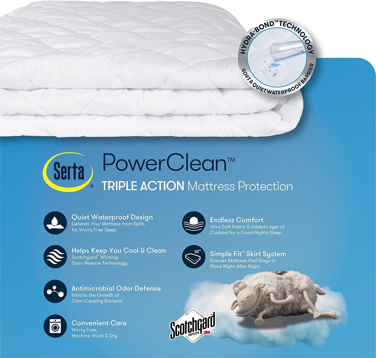 SERTA Power Clean Triple Action Quilted Soft Waterproof Mattress Full, White