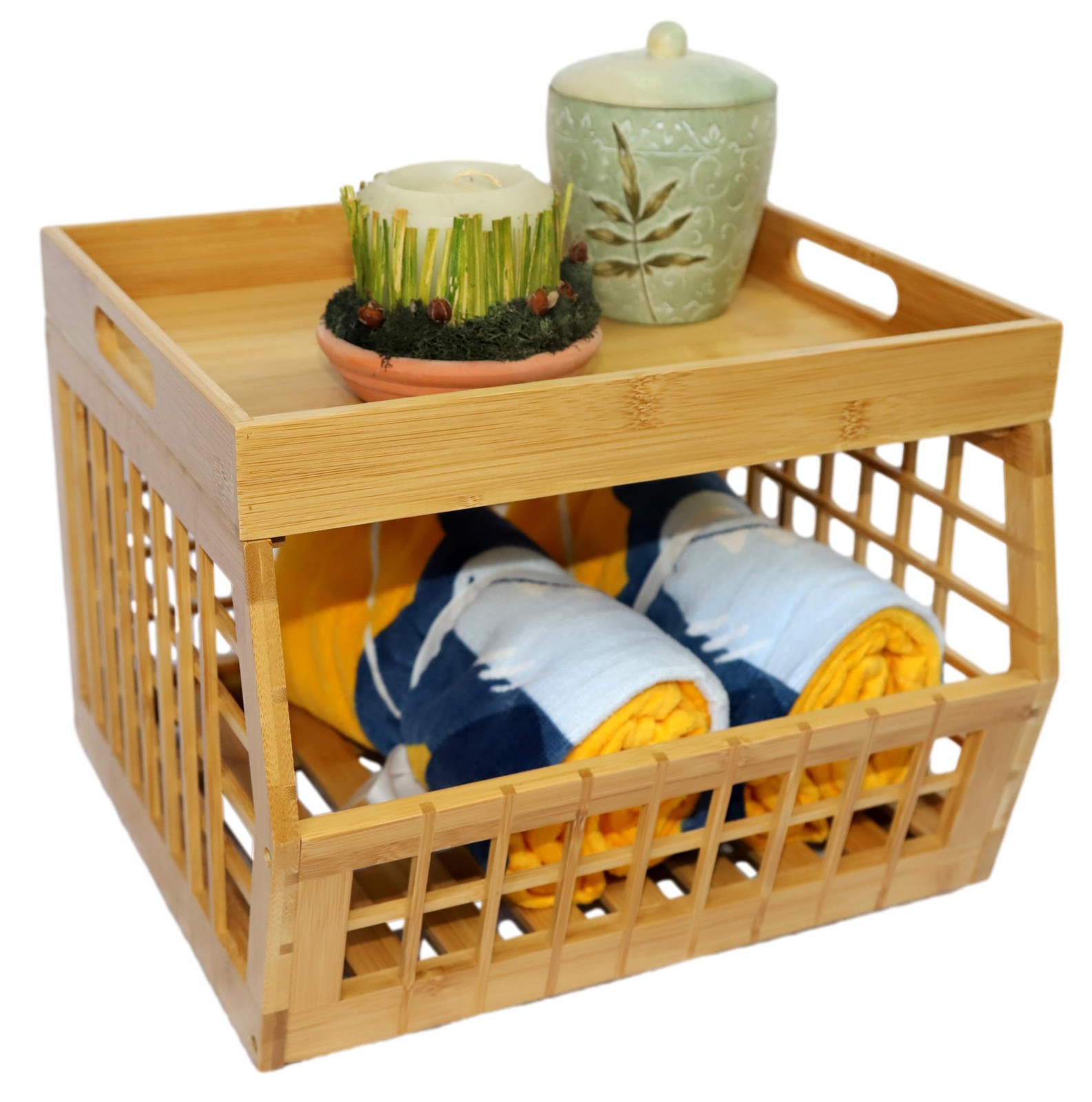 Bamboo Storage Bin - Multipurpose, Stackable Open Front Storage Bin with Bamb...