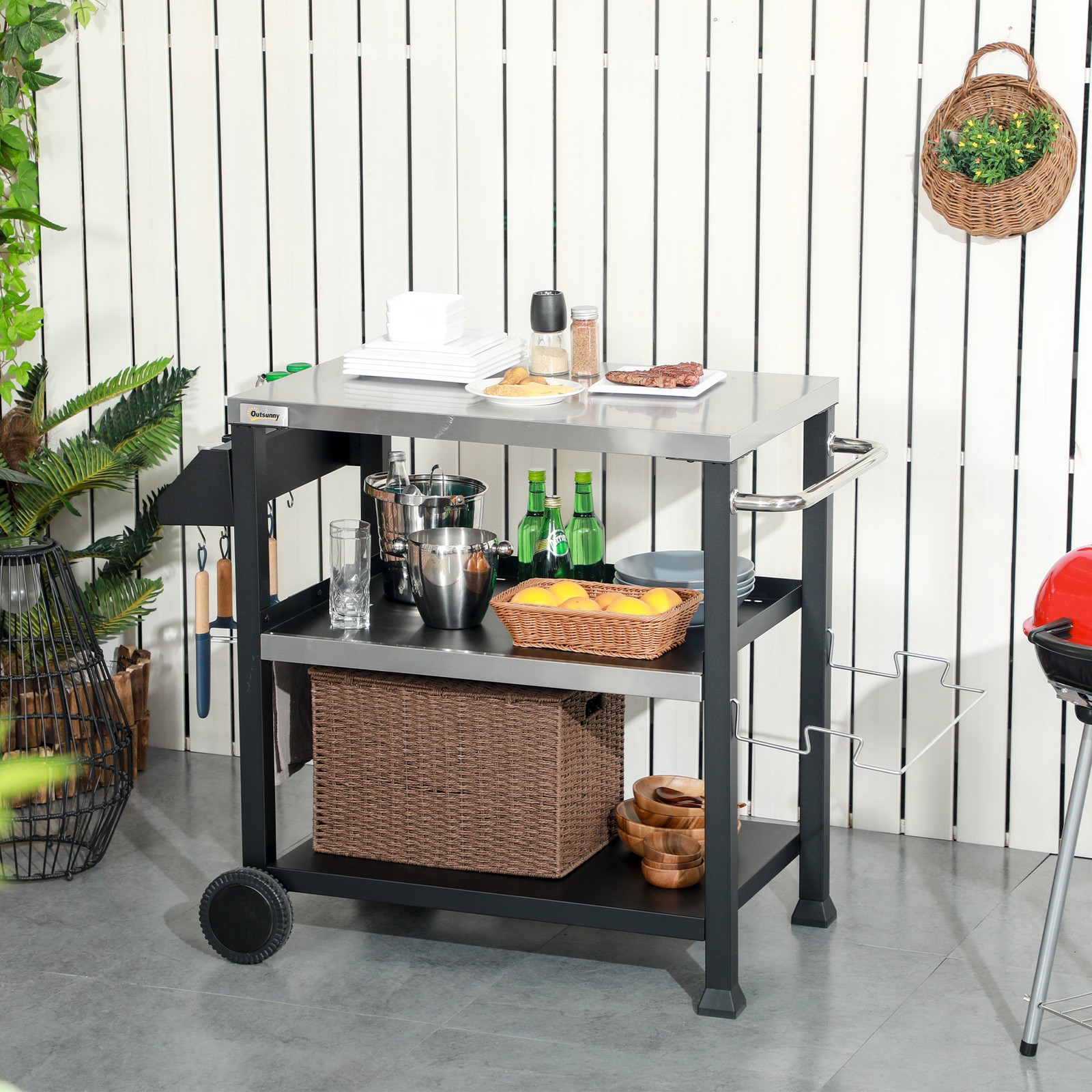 Movable Stainless Steel 3-Shelf Outdoor Grill Cart w/ Side Handle
