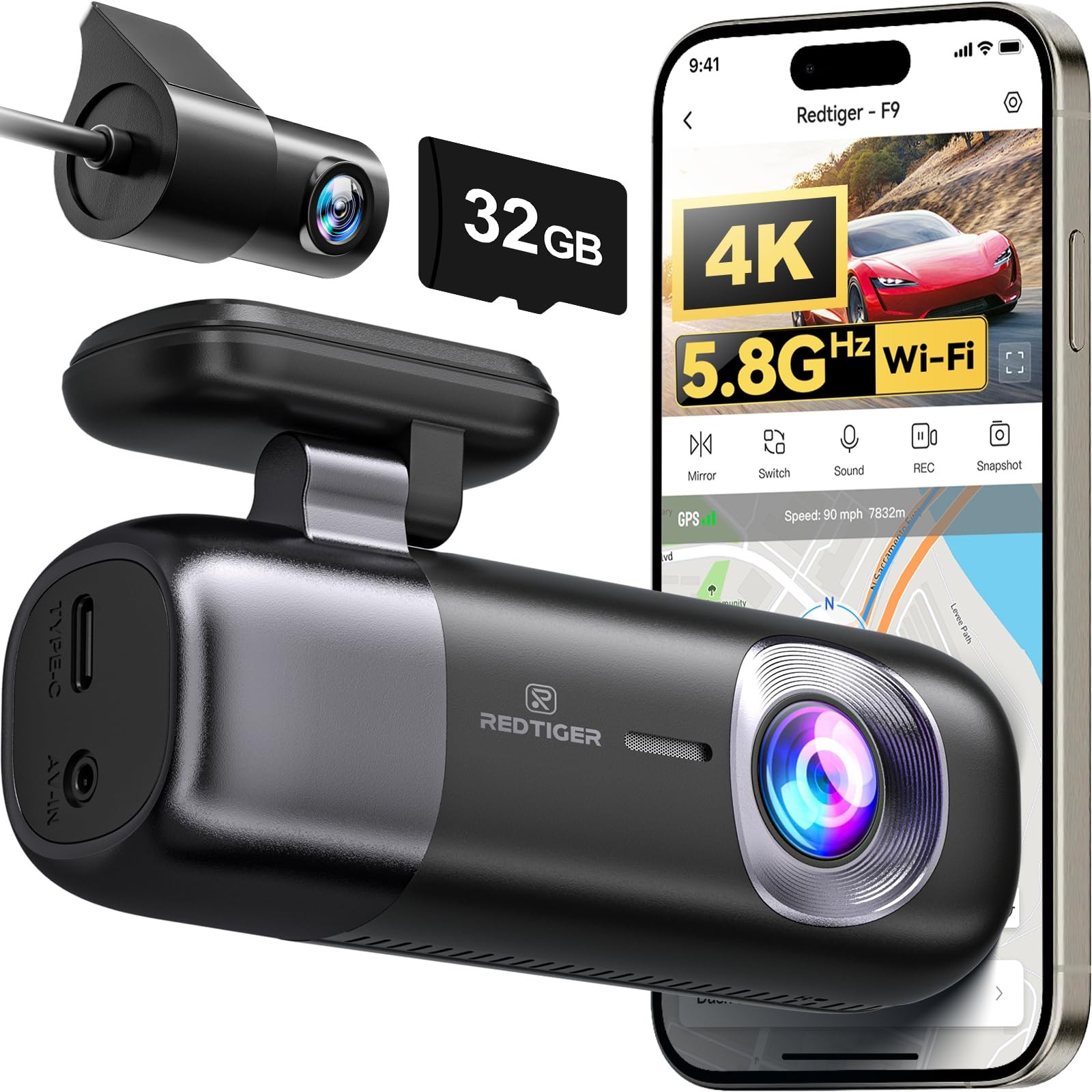 F9 Dash Cam 4K Front and Rear 1080P, WiFi GPS Car Camera with 32GB Card, Dual...