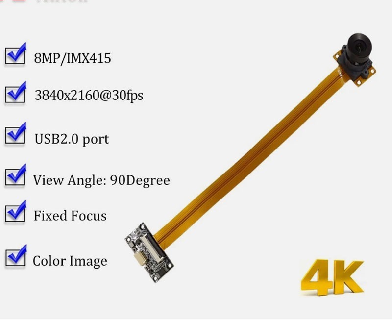 4K HD USB2.0 Camera Module 8MP Facial Recognition 90° 30fps MJPEG FPC Cable