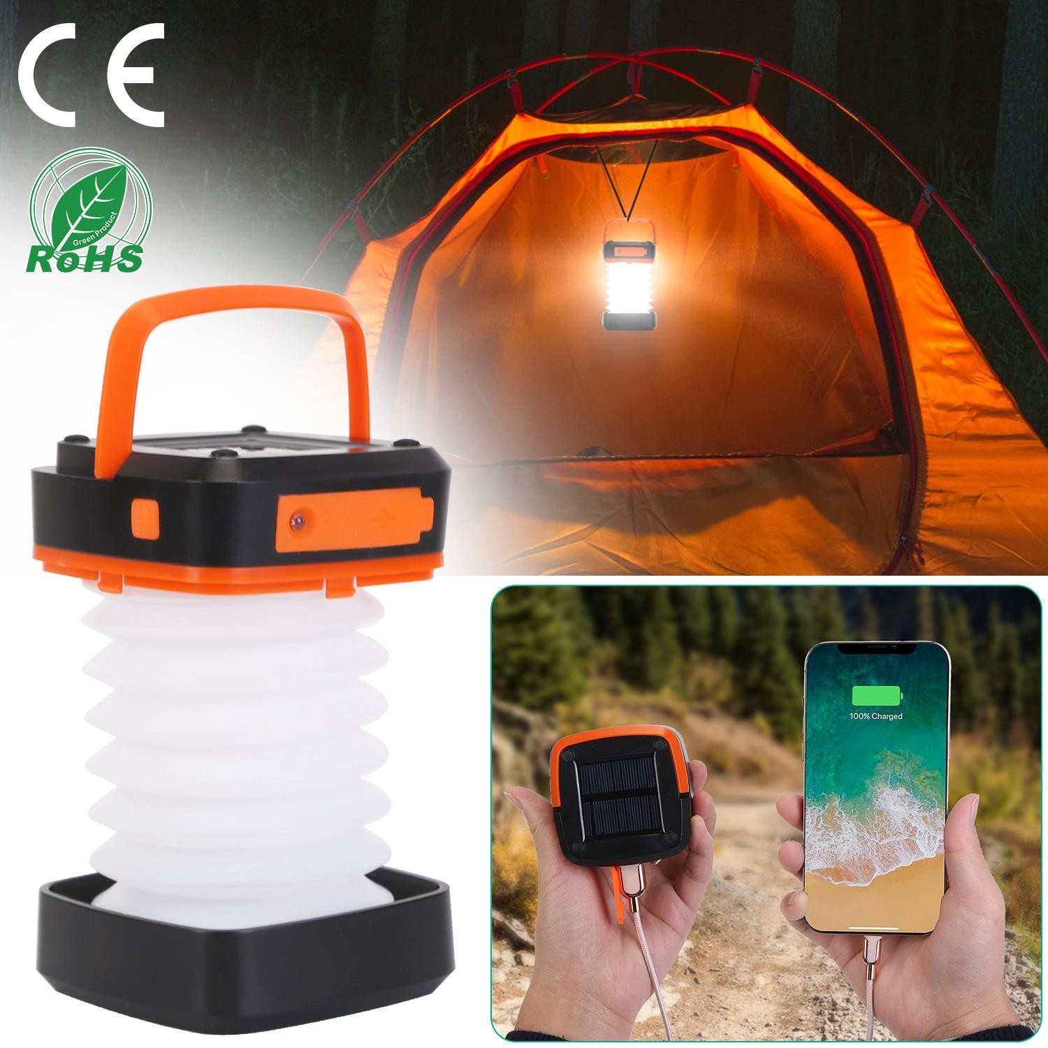 Solar Camping Lantern LED Collapsible Tent Lamp USB Rechargeable Emergency Light