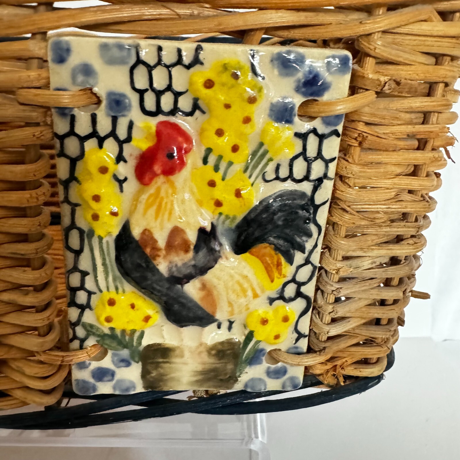 Decorative Wicker Basket with Rooster Ceramic Tiles Tan Rectangle Country