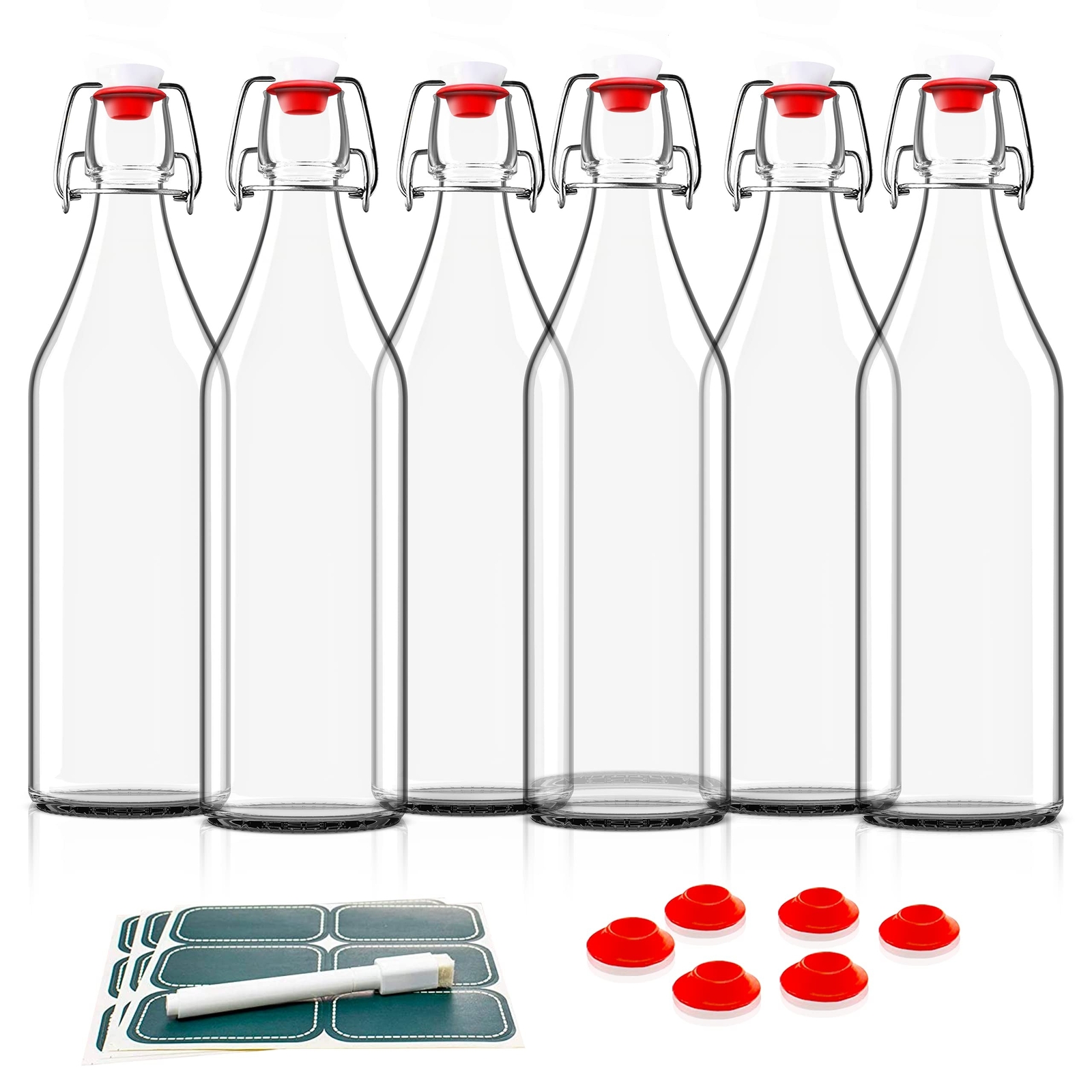 Otis Classic Swing Top Glass Bottles - Set of 6, 16oz w/Marker & Labels - Cle...