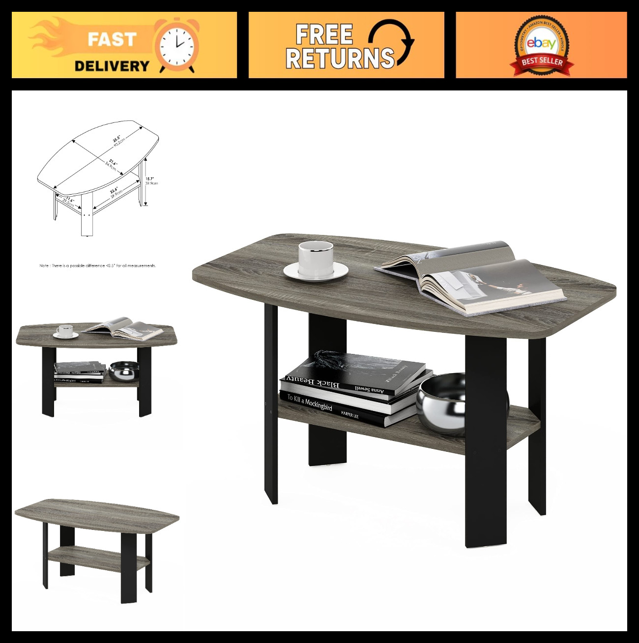 Stylish Coffee Table with Open Shelf, French Oak Grey/Black, Small Side Table fo