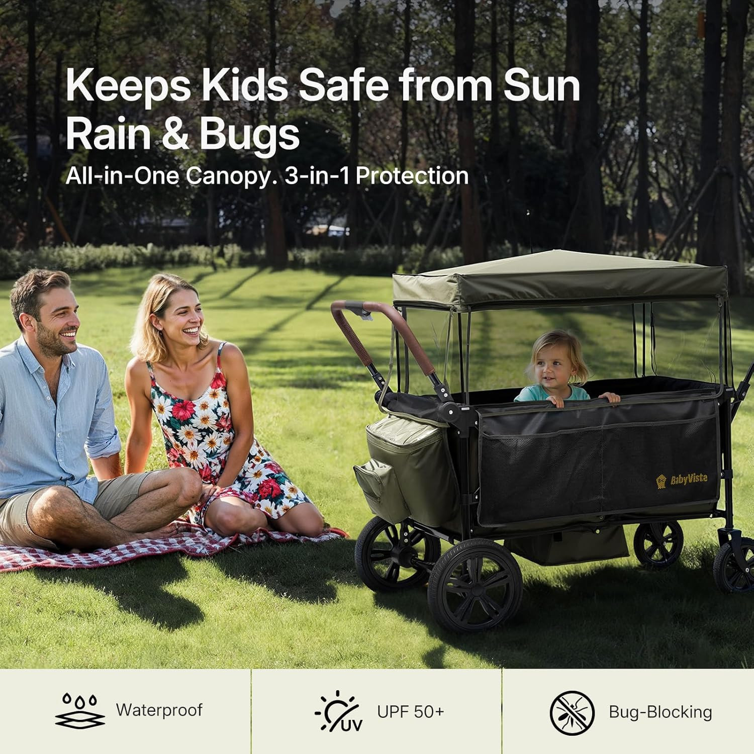 Stroller Wagon for Kids, One-Hand Adjustable Push/Pull Handle, Spacious Storage,