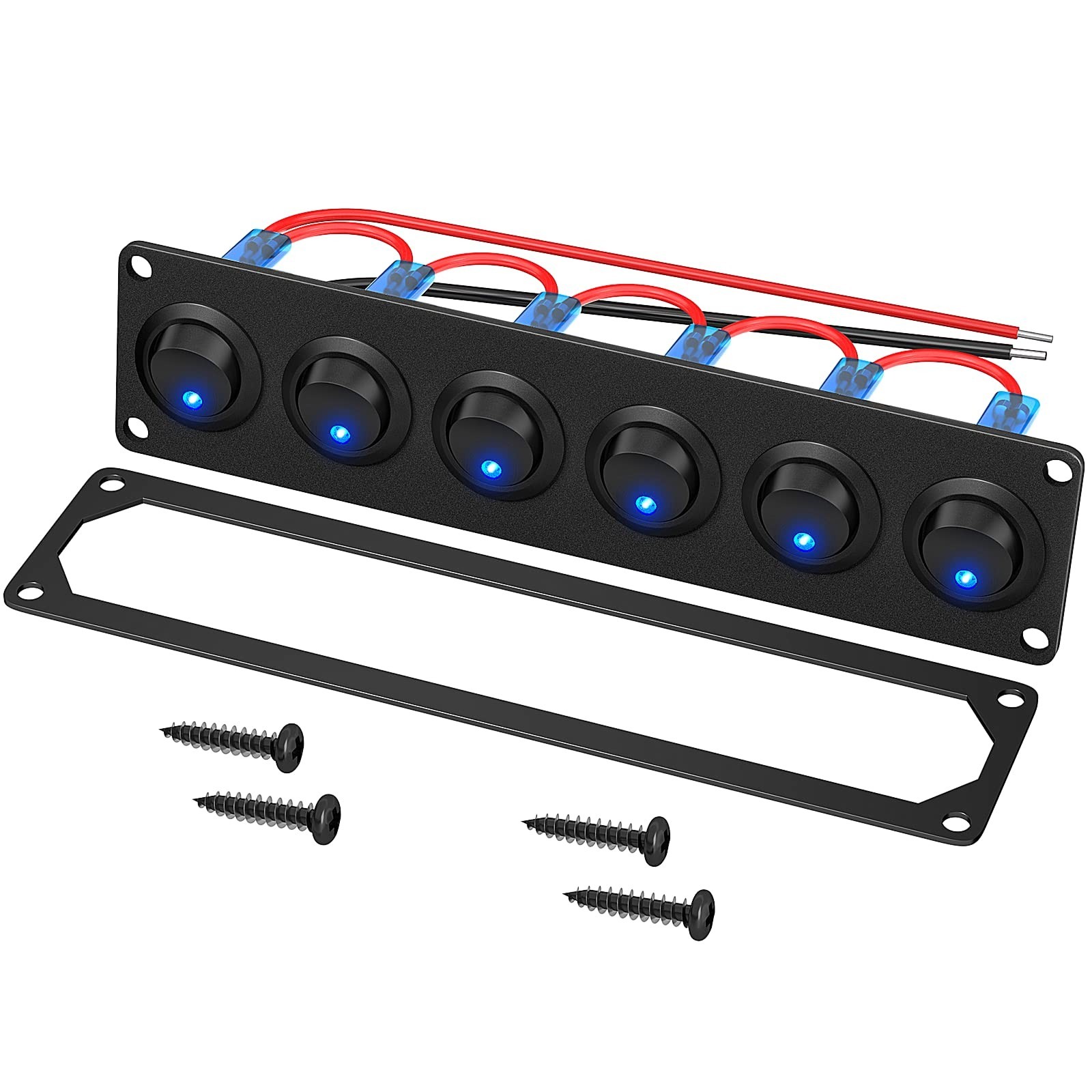 RVBOATPAT 6 Gang Rocker Switch Panel 12V Round Toggle Switch Panel 3 Pin Blue...