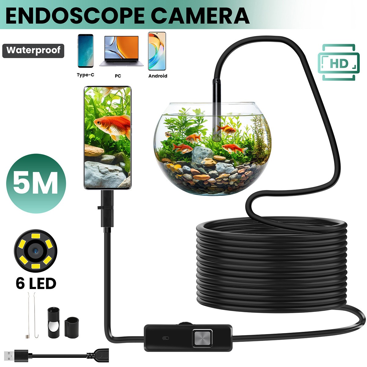 1920P HD Endoscope Borescope 5M Inspection Snake Camera with Light for Android