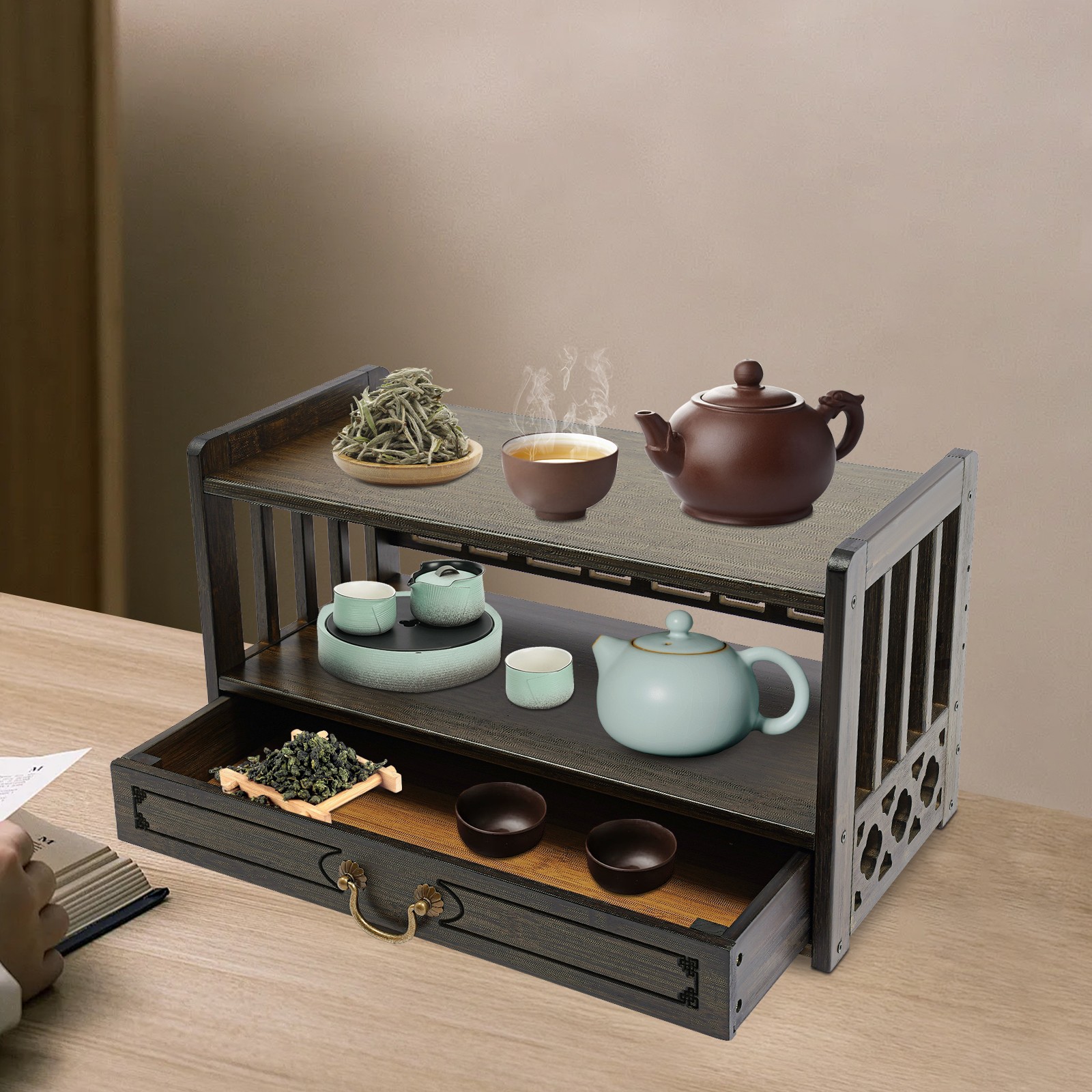 Bamboo 3-Tier Storage Table Walnut 52 × 25 × 28 cm With Drawer