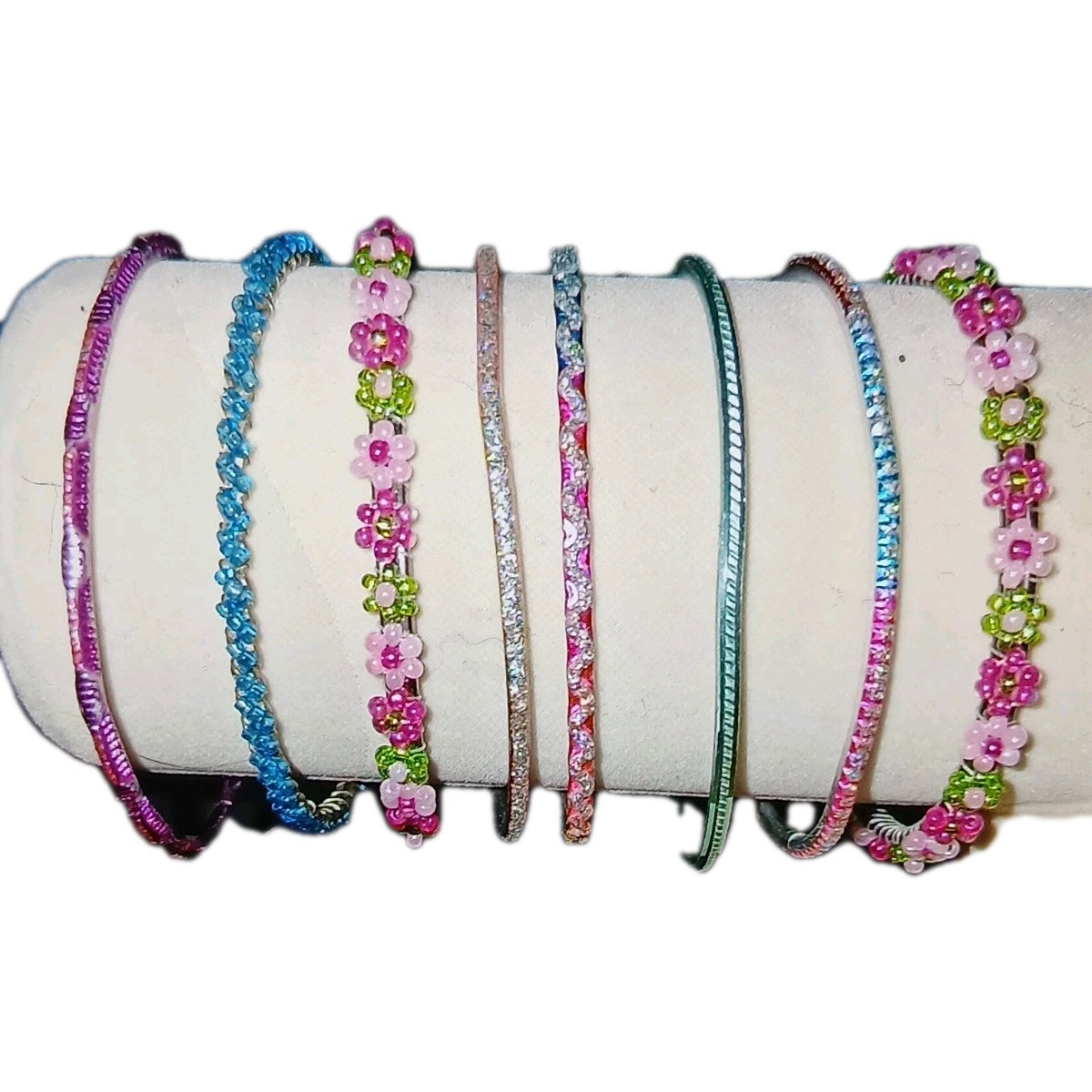 Handcrafted Multicolor Beaded Flower Charm Stackable Bangle Bracelets Set
