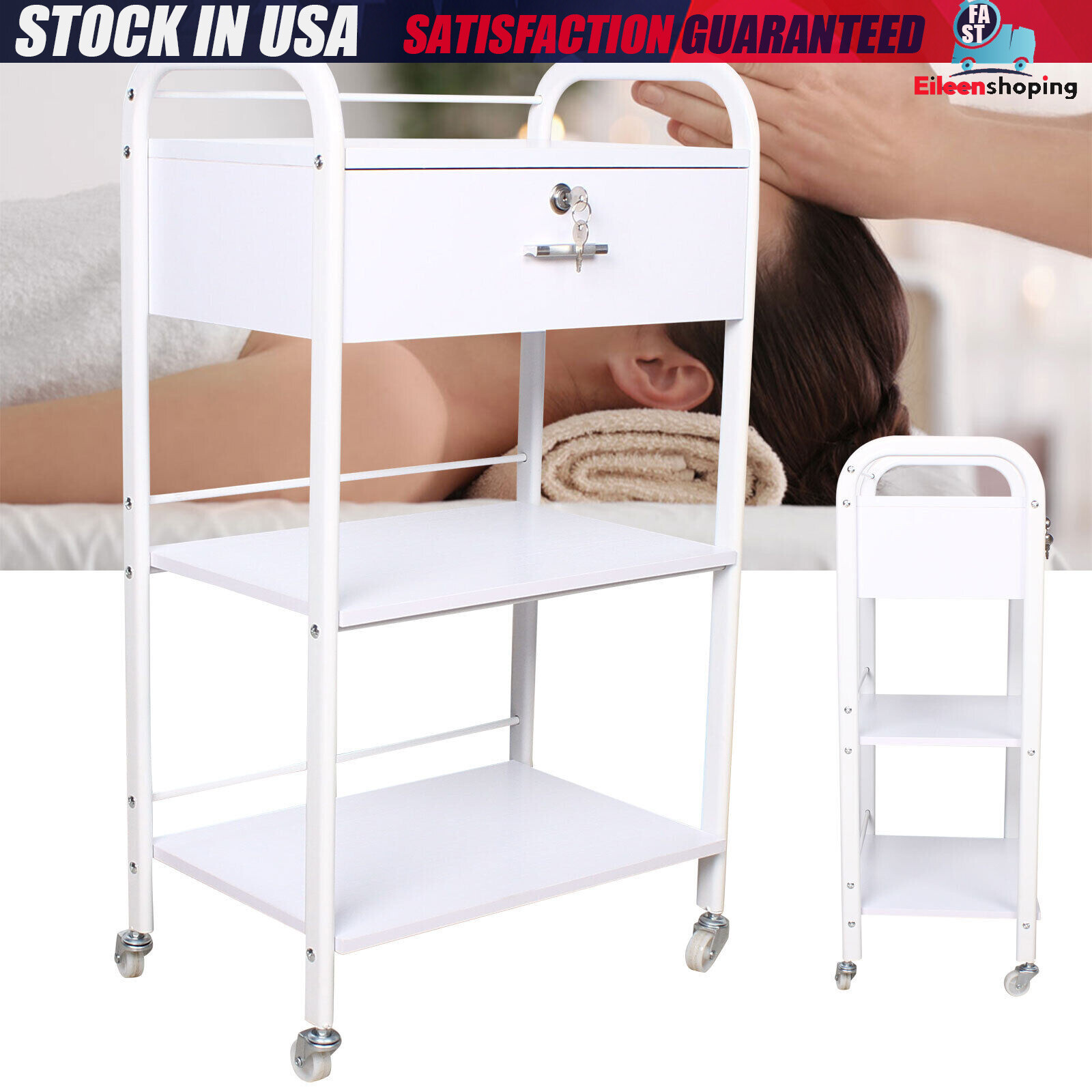 3-Tier Mobile Rolling Utility Cart Esthetician Cart Trolley White With 4 Wheels