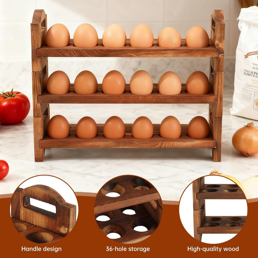 3-Tier Wooden Egg Holder Countertop Storage 36-Hole Stackable Rack Fresh