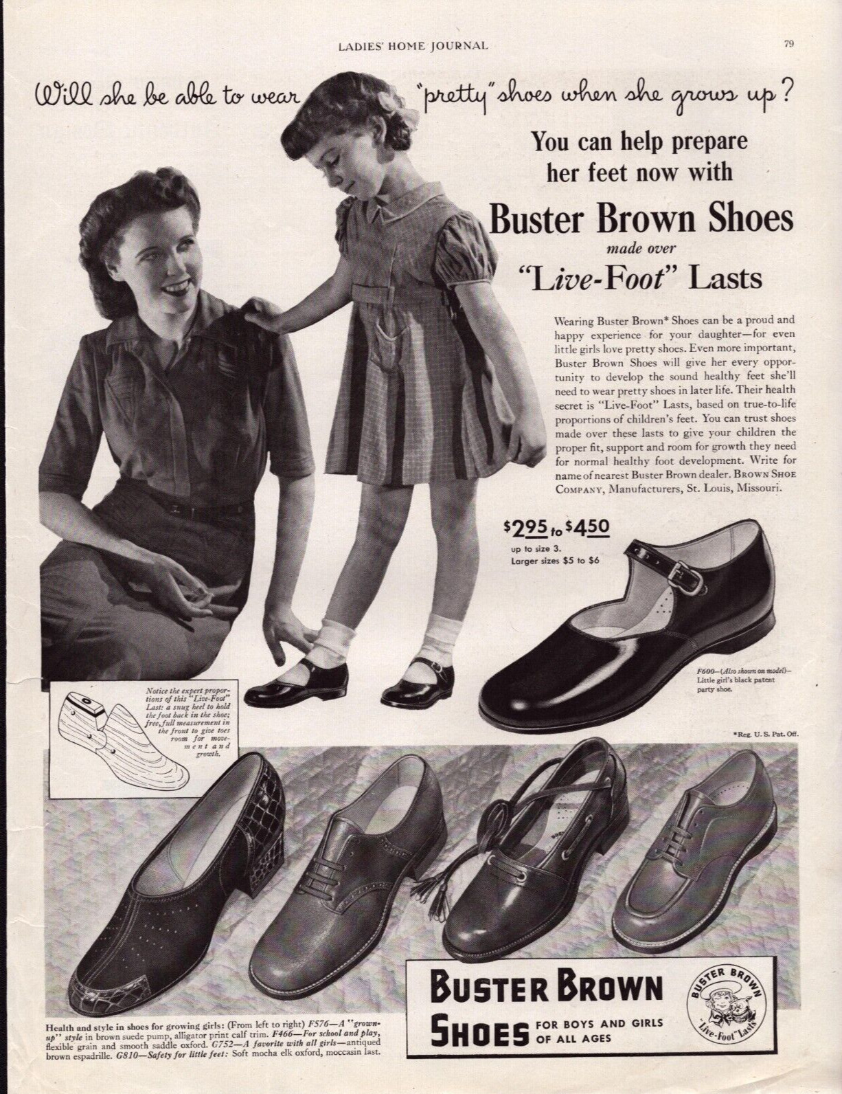 Buster Brown Shoes St. Louis MO Mom & Girl Pretty Shoes Vintage Print Ad 1942