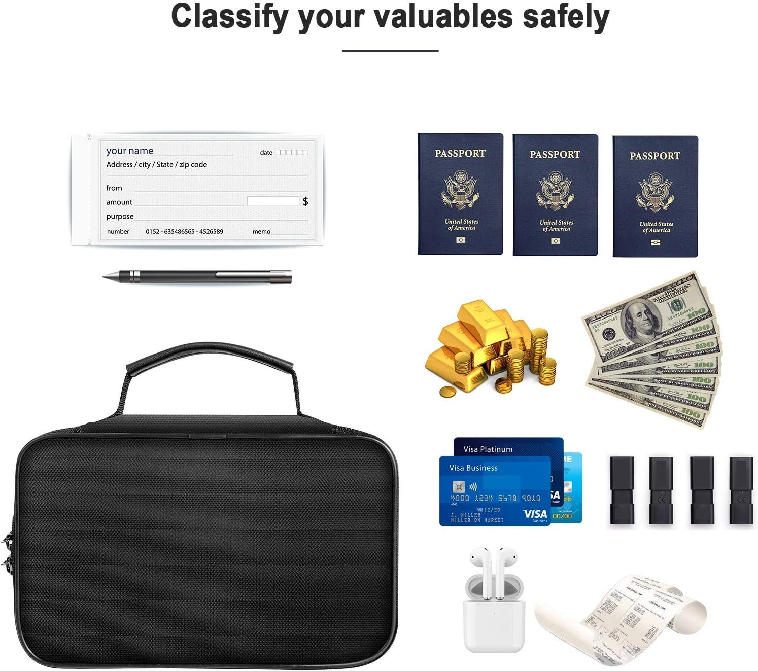 Small Fireproof Storage Organizer Case with Lock(9”x 5.3”x 3.7”), 3-Layer Soft M