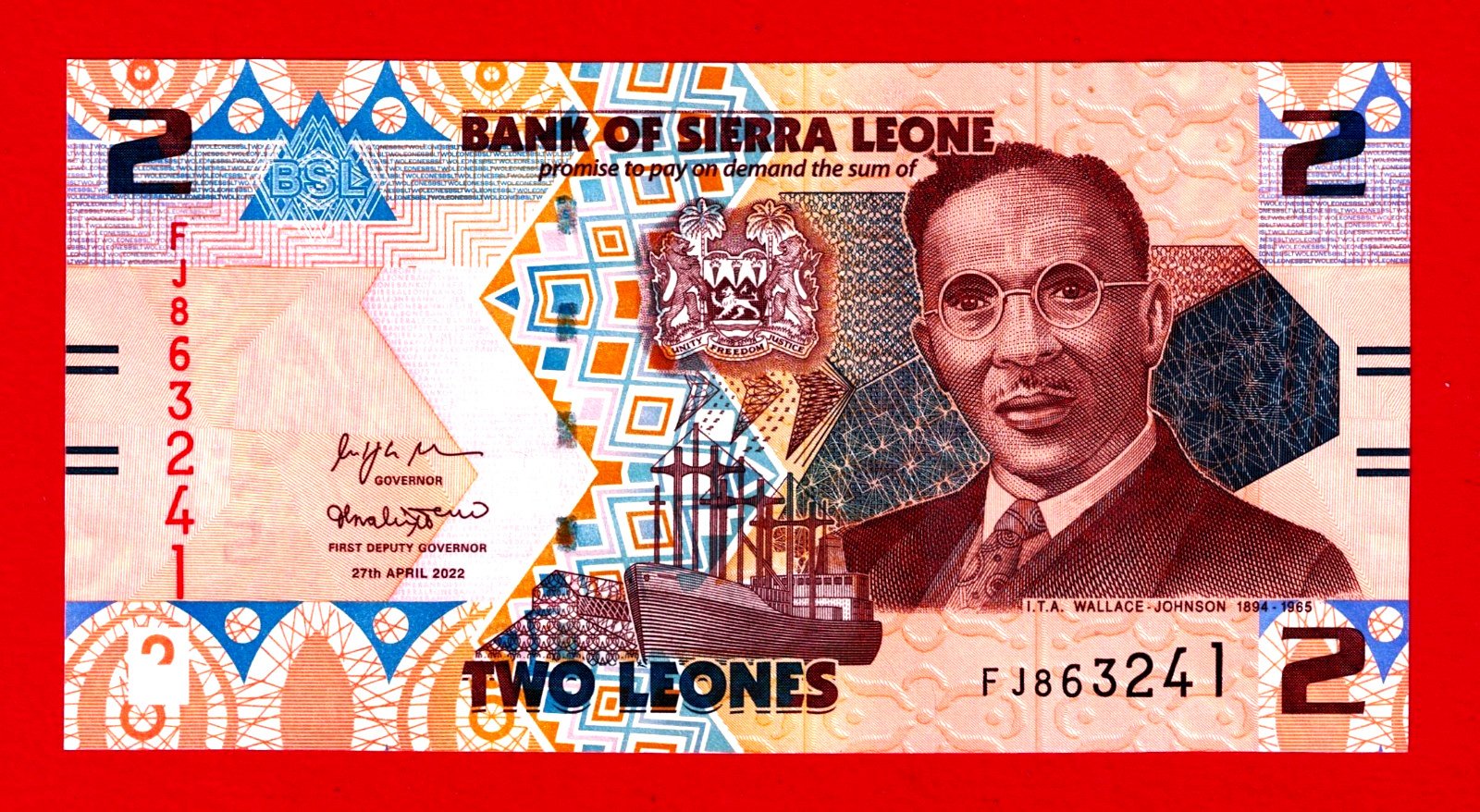 Sierra Leone 2 Leones 2022 UNC NOTE (P-35) Prefix 'FJ' - Sign: Kallon & Stevens
