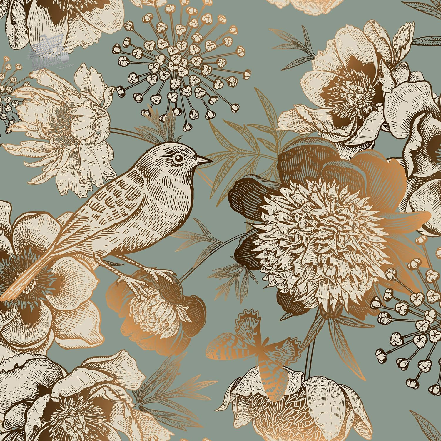 Oil Green And Gold Floral Wall Sticker Wallpaper With Flowers And Birds V