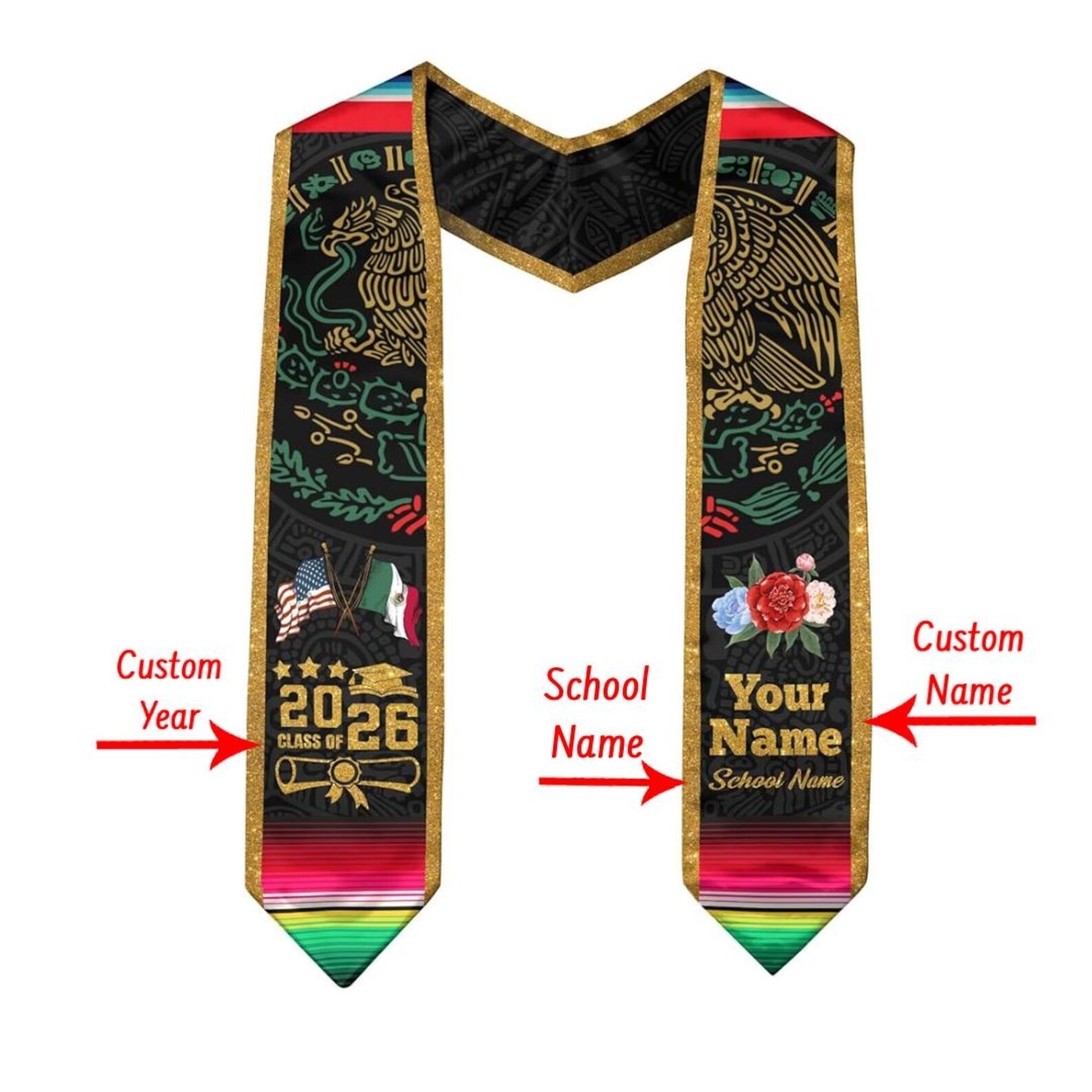 Personalized Mexico Graduation Stole, Custom Name School Senior Sash, USA Mexico