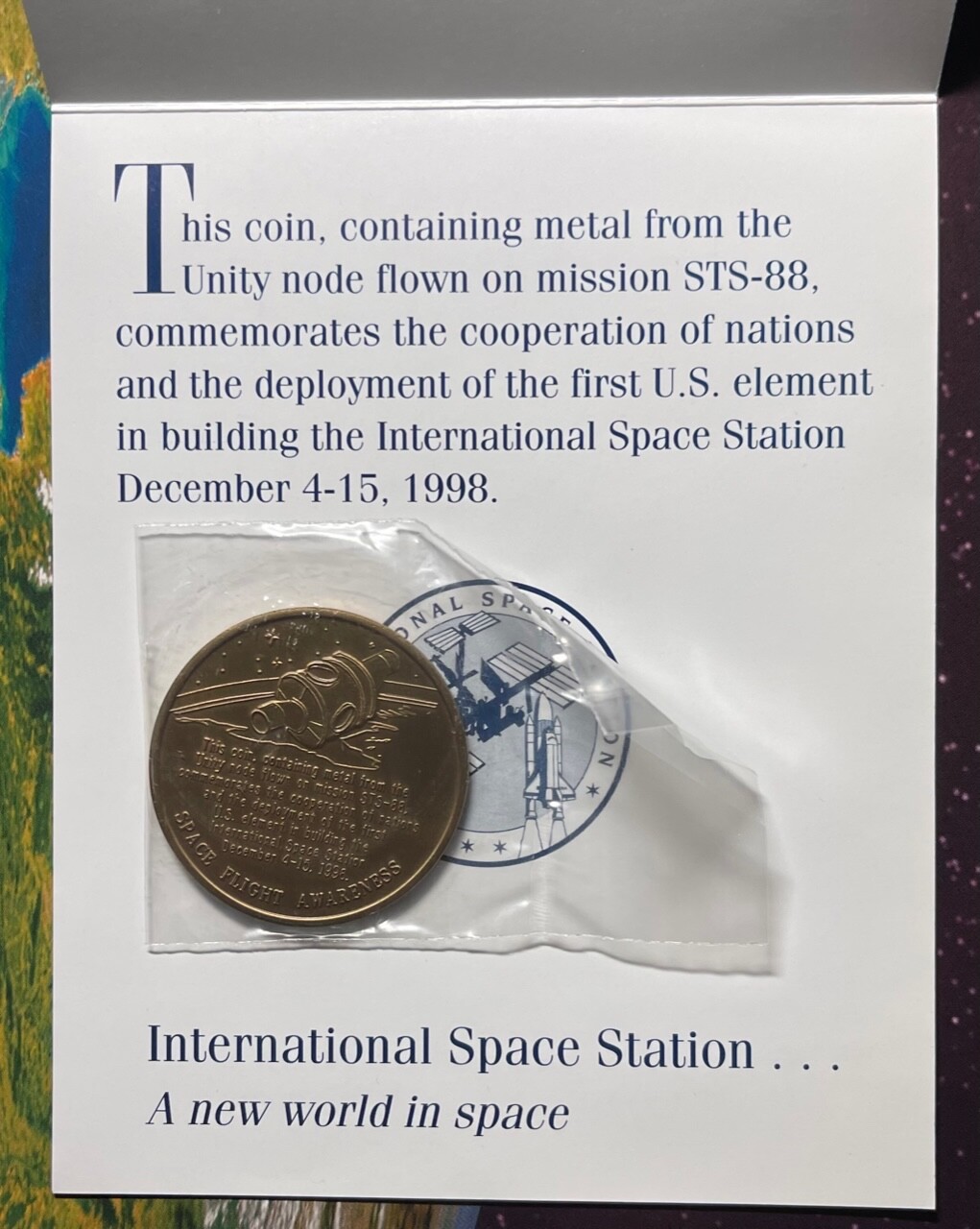 STS-88 COIN FLOWN IN SPACE METAL FROM UNITY NODE & ORIGINAL MFA INFORMATIVE CARD