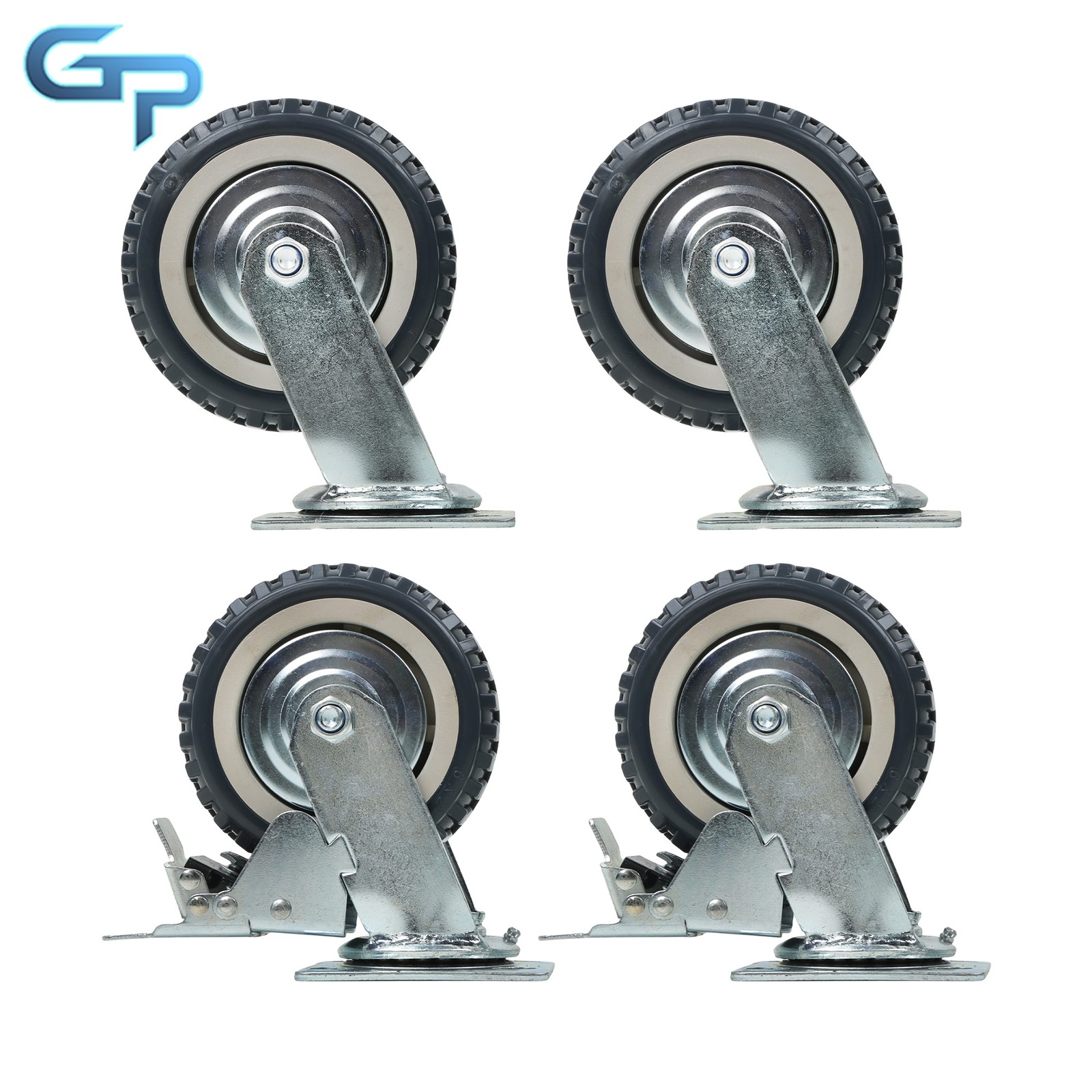 4 Pack Heavy Duty Inclined Fixed Wheel With Brake 6" Swivel Caster Wheels Grey