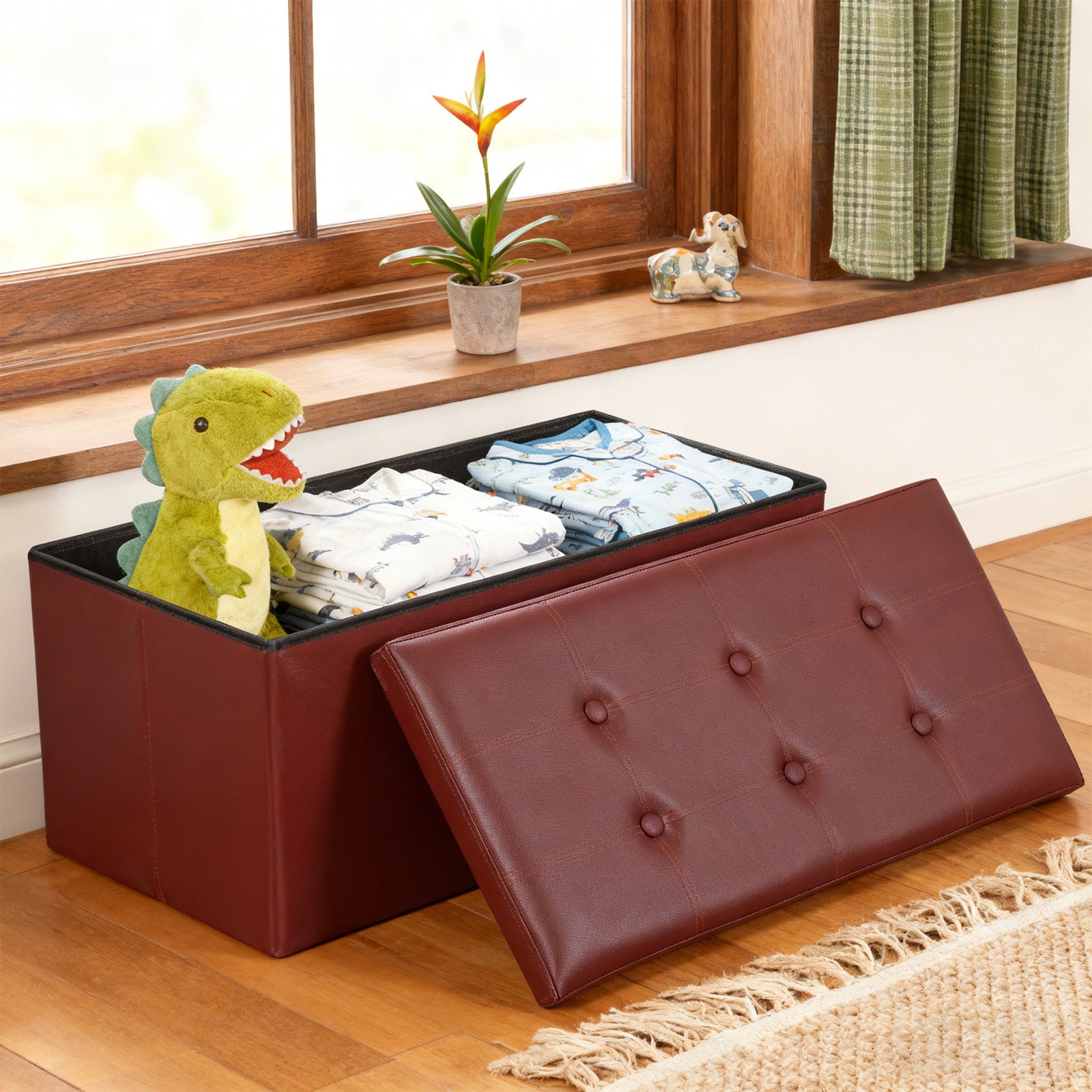 Brown Sturdy Ottomans Foot Bench Foldable Storage Footstools Spacious Organizer
