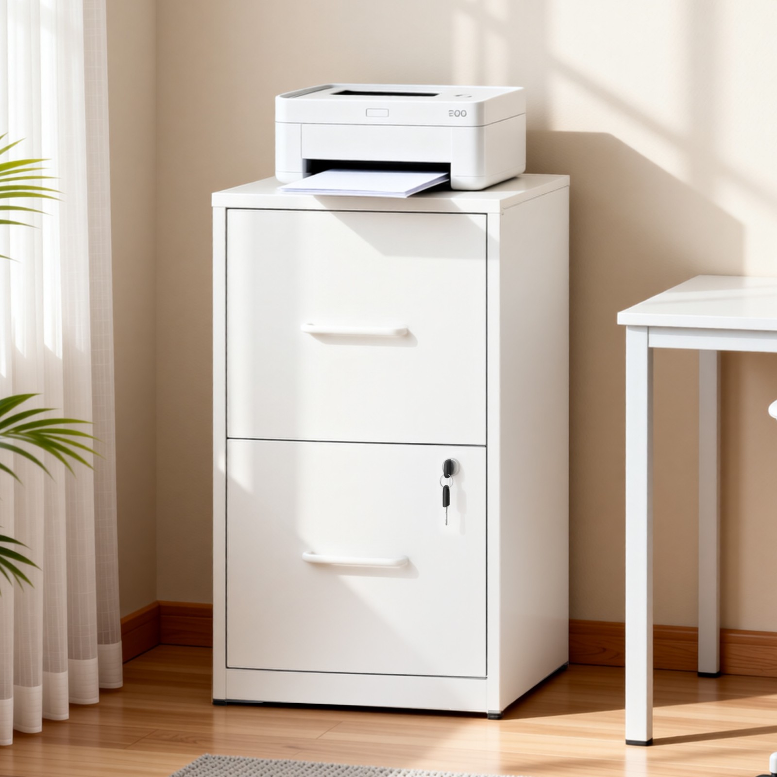 2 Drawer Lockable Metal File Cabinet, Vertical Under Desk, White