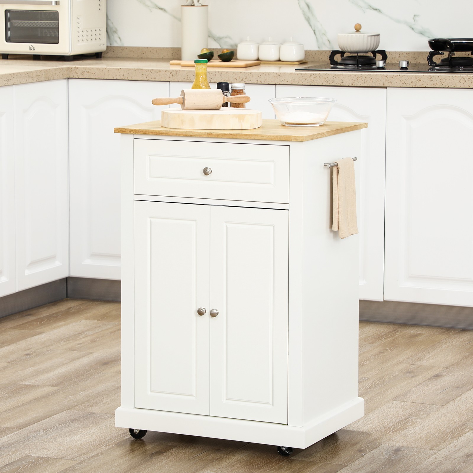 Modern Rolling Kitchen Island Storage Cart w/ Drawer & Adjustable Shelf, White