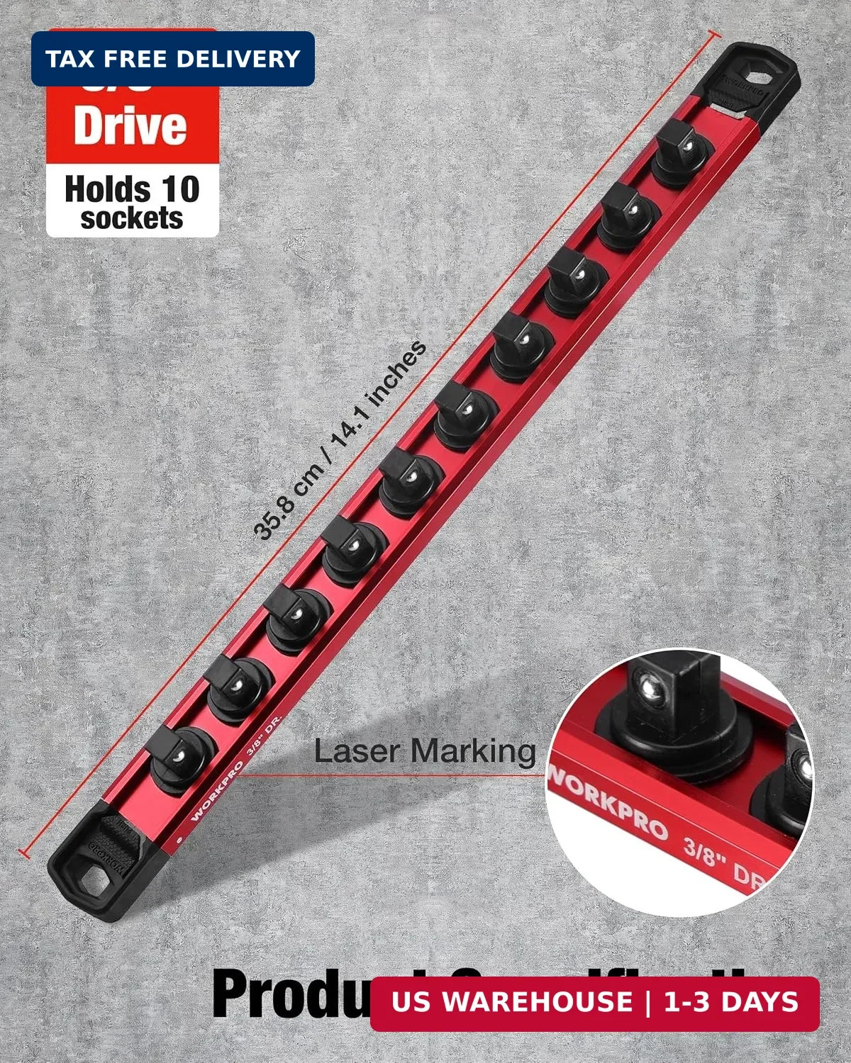 WORKPRO Magnetic Socket Organizer, 3/8" Adjustable Push-Button Socket Rail | 1 P