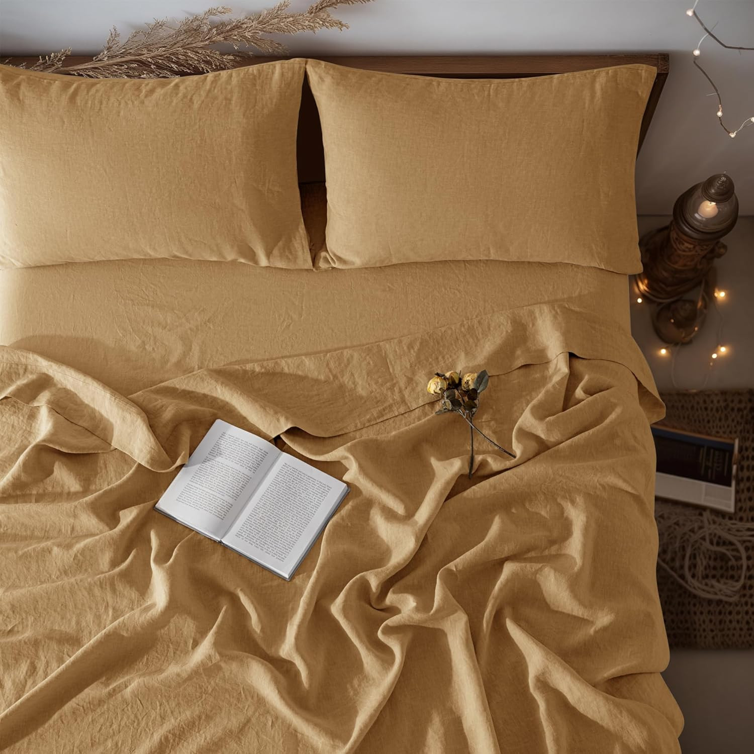 LBR02M 100% Linen Sheet Set King Size,Bed Sheets 4 Piece Sets,Solid Color Natura