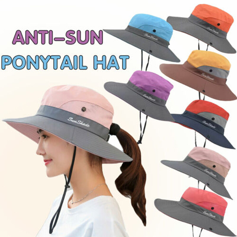 UV Protection Wide Brim Sun Hats Cooling Mesh Ponytail Hole Cap for Womens Kids❥