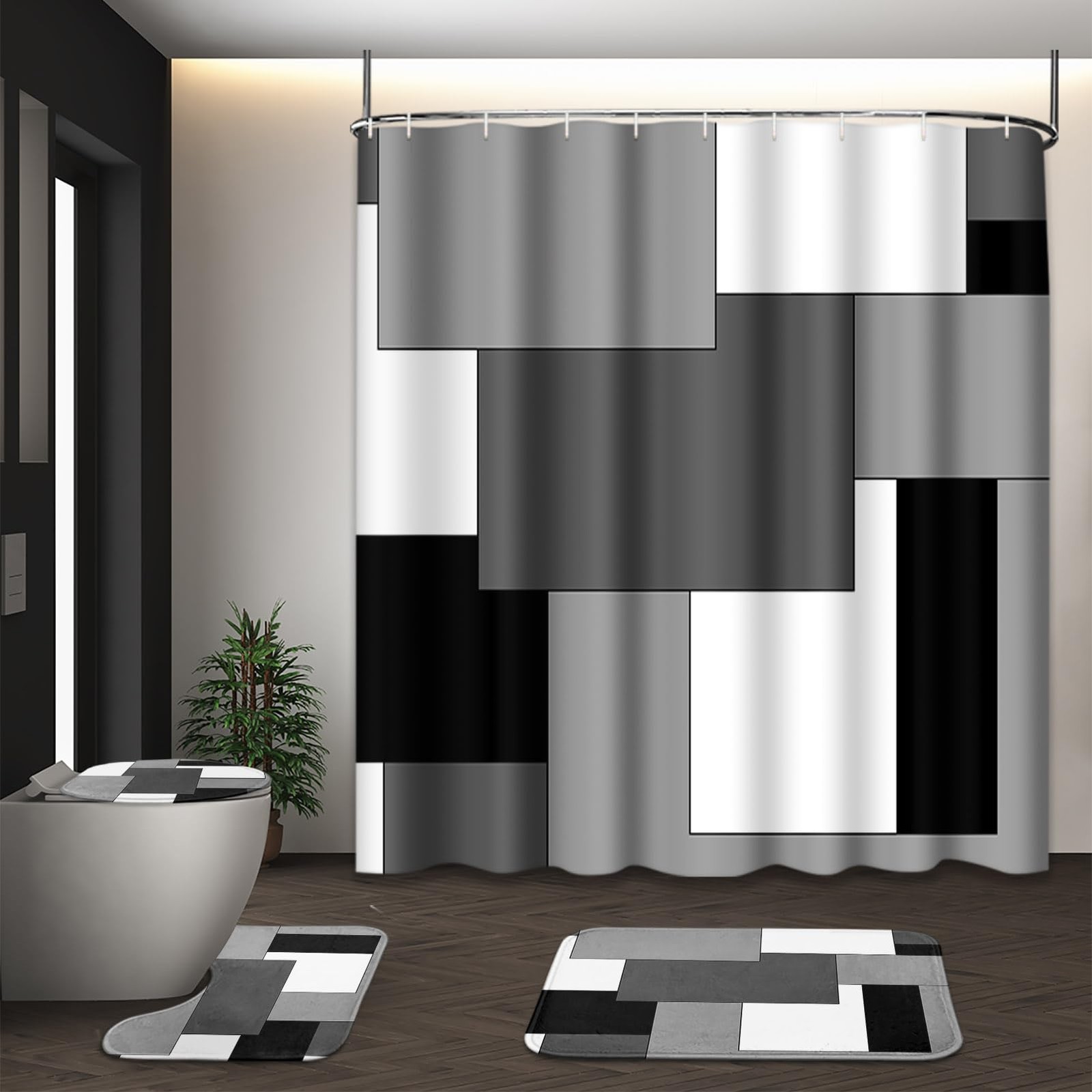 Tayney Grey Geometric Shower Curtain Set with Toilet Lid Cover and NonSlip Ru...