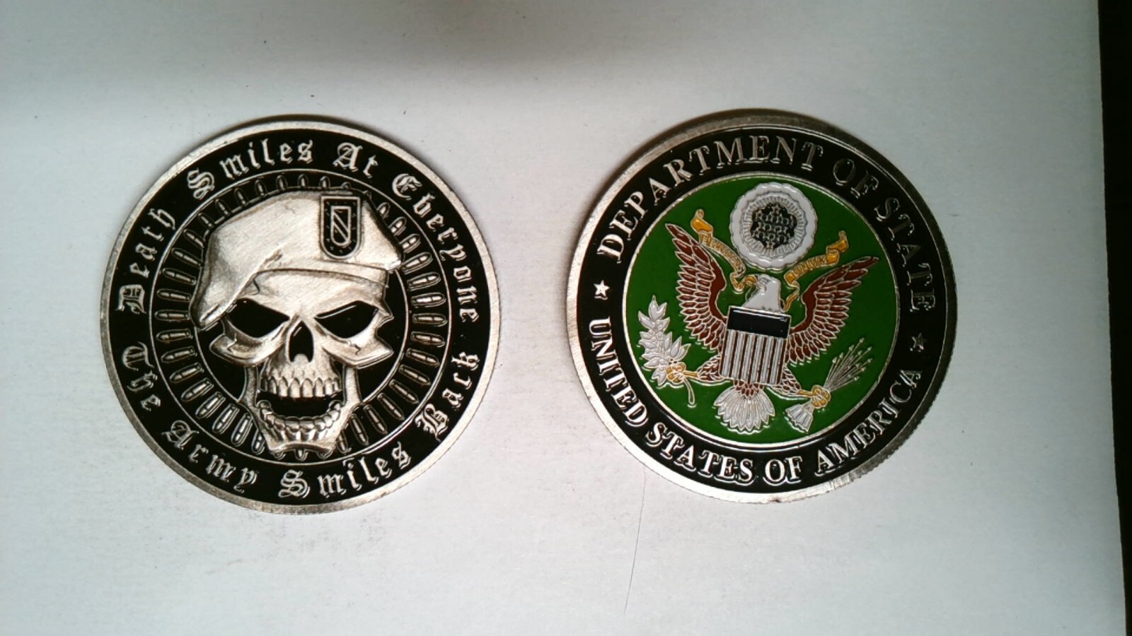 CHALLENGE COIN MILITARY DEPARTMENT OF STATE DEATH SMILES AT EVERYONE ARMY SMILES