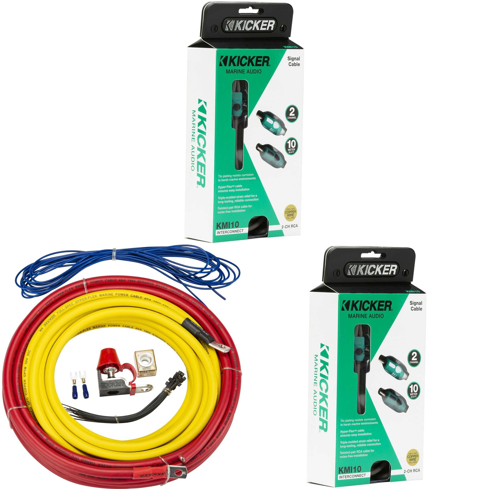 Kicker 47KMPK4 Marine 4awg Amp Power Kit & (2) 47KMI10 10 Meter RCA Cable