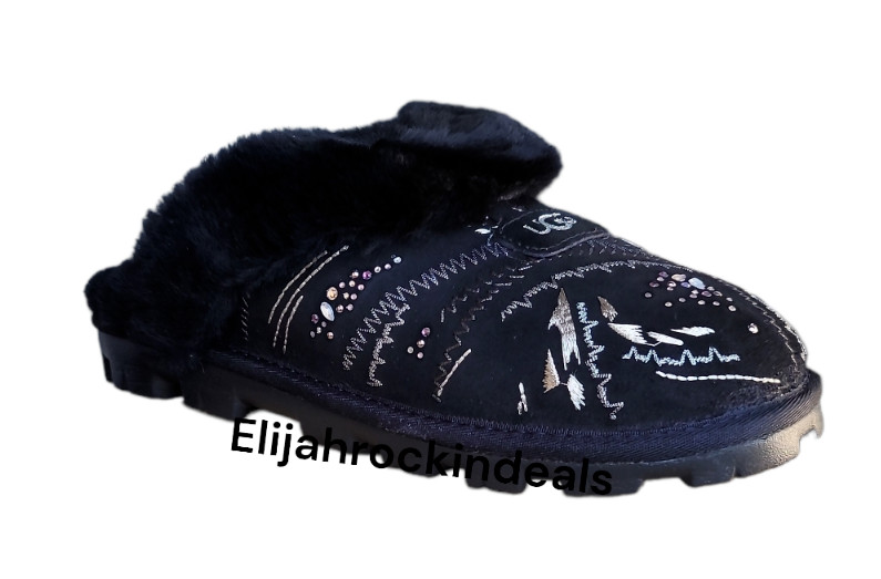 NEW IN BOX UGG COQUETTE GOLD BURST BLACK SUEDE SHEEPSKIN SLIPPERS SIZE 7,  8,  9