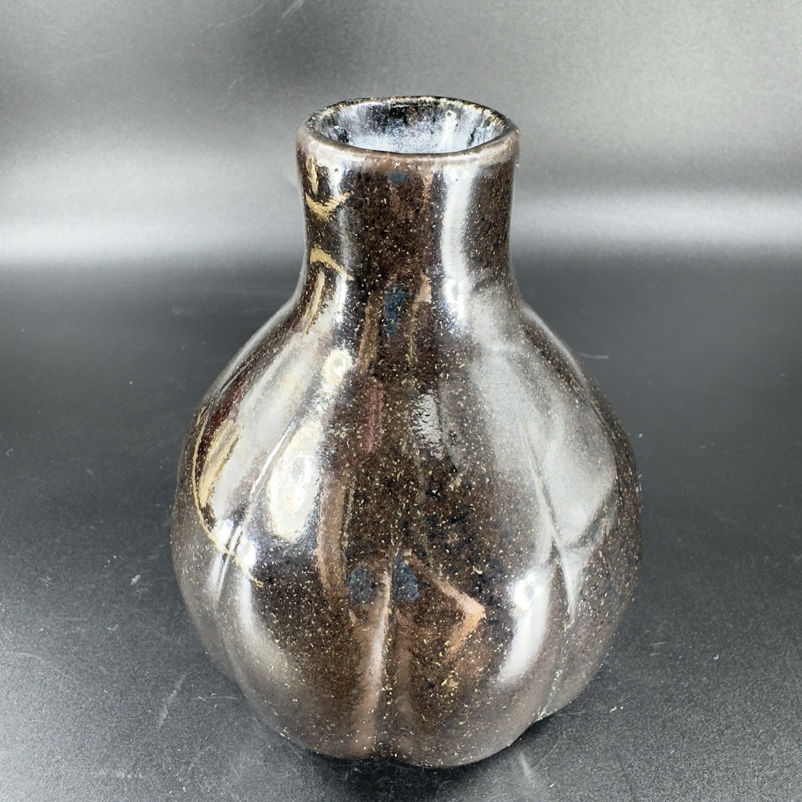 1980s Vintage Stoneware Pottery Vase Bottle Artist Signed Deep Brown Black Glaze