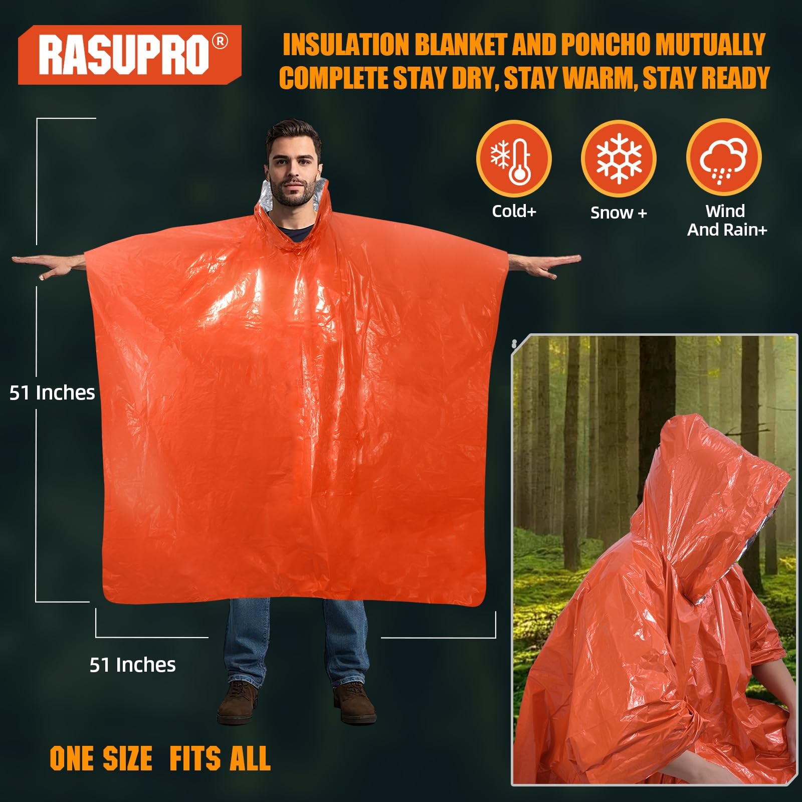 4 Pack Emergency Ponchos with Thickened Mylar Blanket Lining, Windproof, Wate...