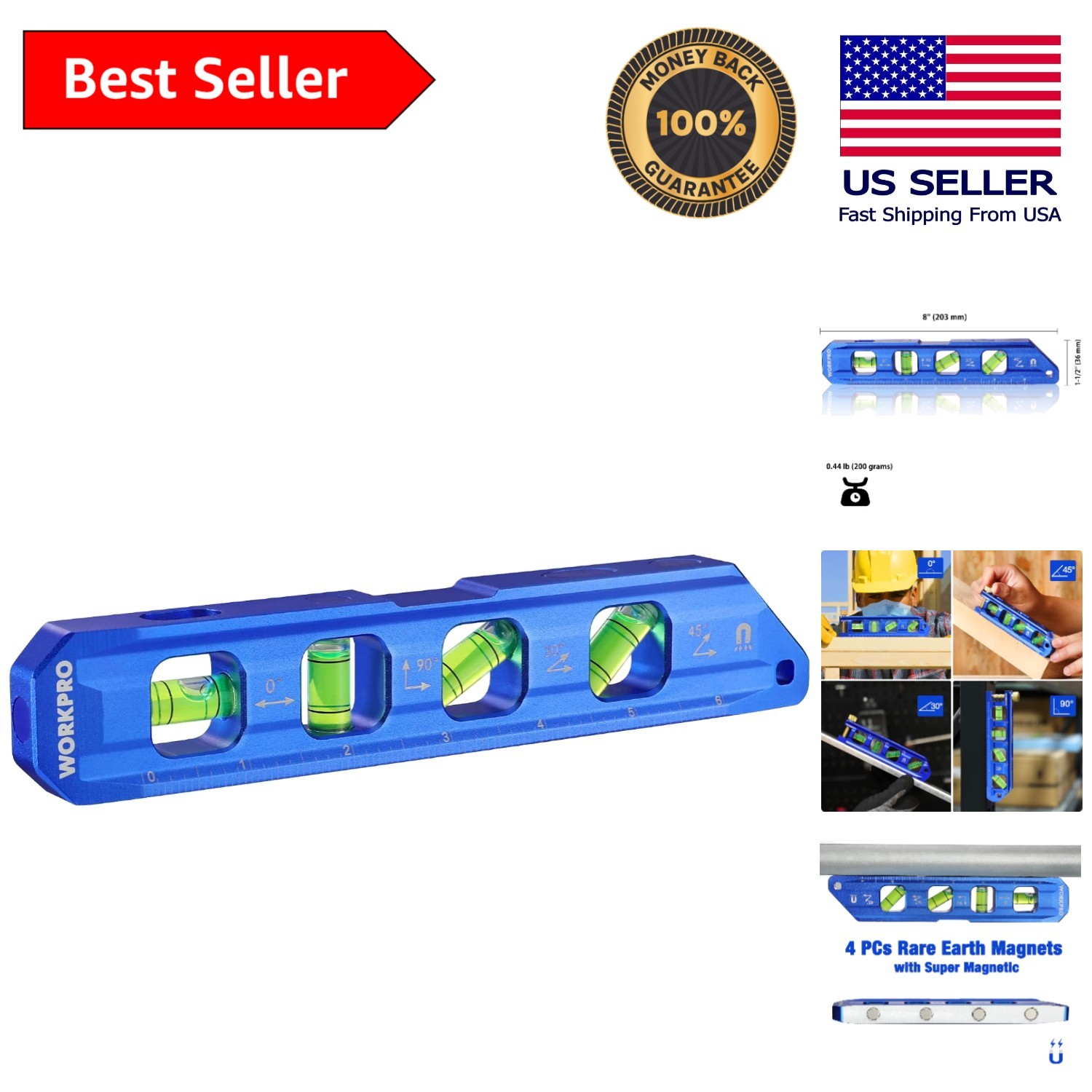 8-Inch Magnetic Torpedo Level with Rare Earth Magnets for Precision DIY Projects