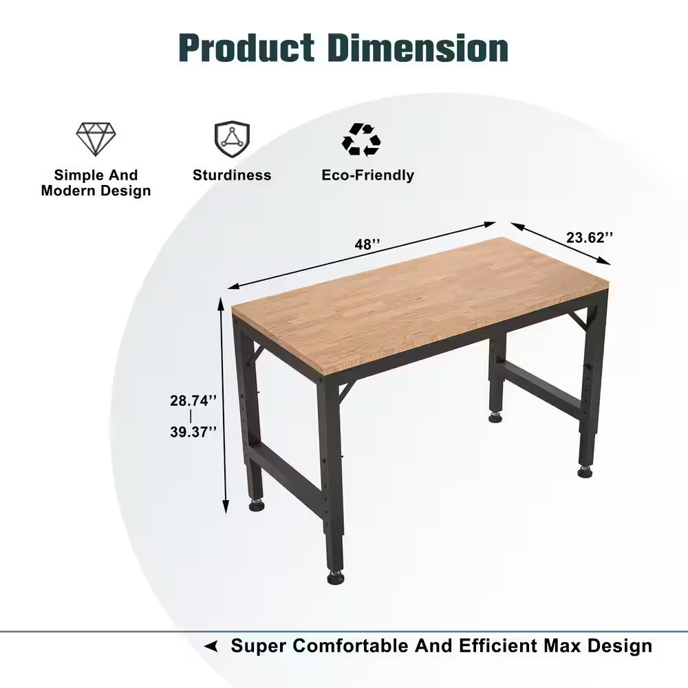 48 In. W X 24 In. L Black Metal and Wood Siding Heavy-Duty Adjustable Workbench