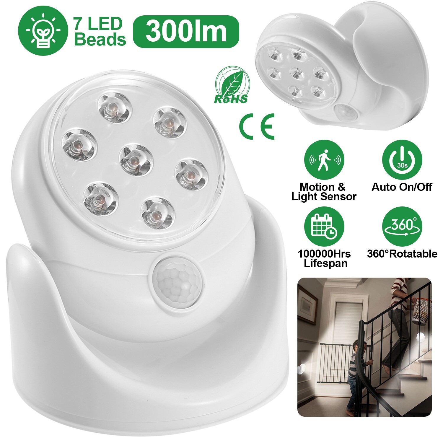 Adjustable 7LED Motion Activated Sensor Cordless Light Indoor Outdoor Patio Wall