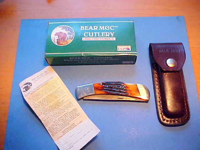 NOS BEAR MGC  RSB62D LOCKBACK DAMASCUS STAG POCKET KNIFE BOX SHEATH PAPERWORK