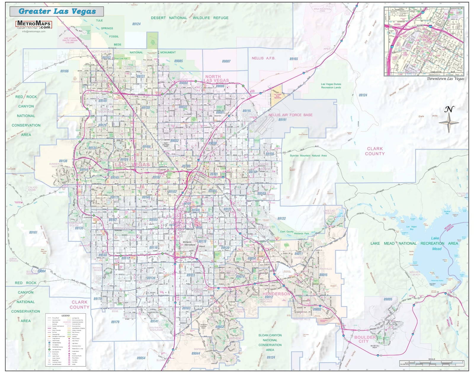 *Large* Greater Las Vegas / Clark County Detailed Region Wall Map w/ZIP Codes 60