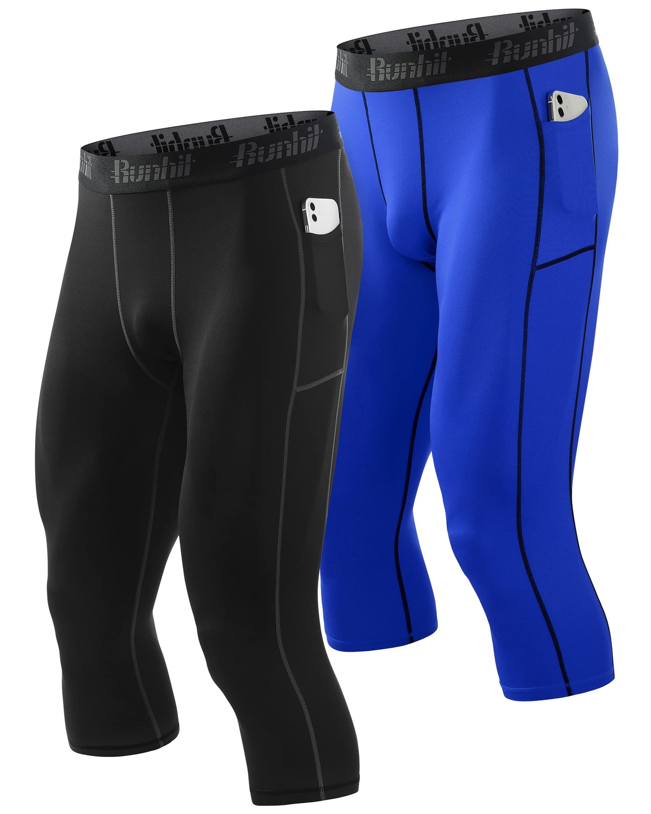 Runhit 3/4 Compression Pants Men Large, 2 Pack Pocket :Black & Blue