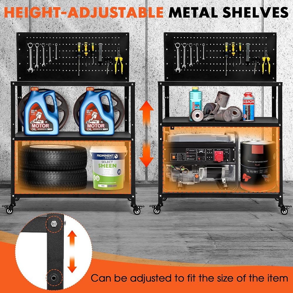 3-TIER HEAVY DUTY WORKBENCH WITH PEGBOARD LOCKABLE WHEELS FOR GARAGE WORKSHOP