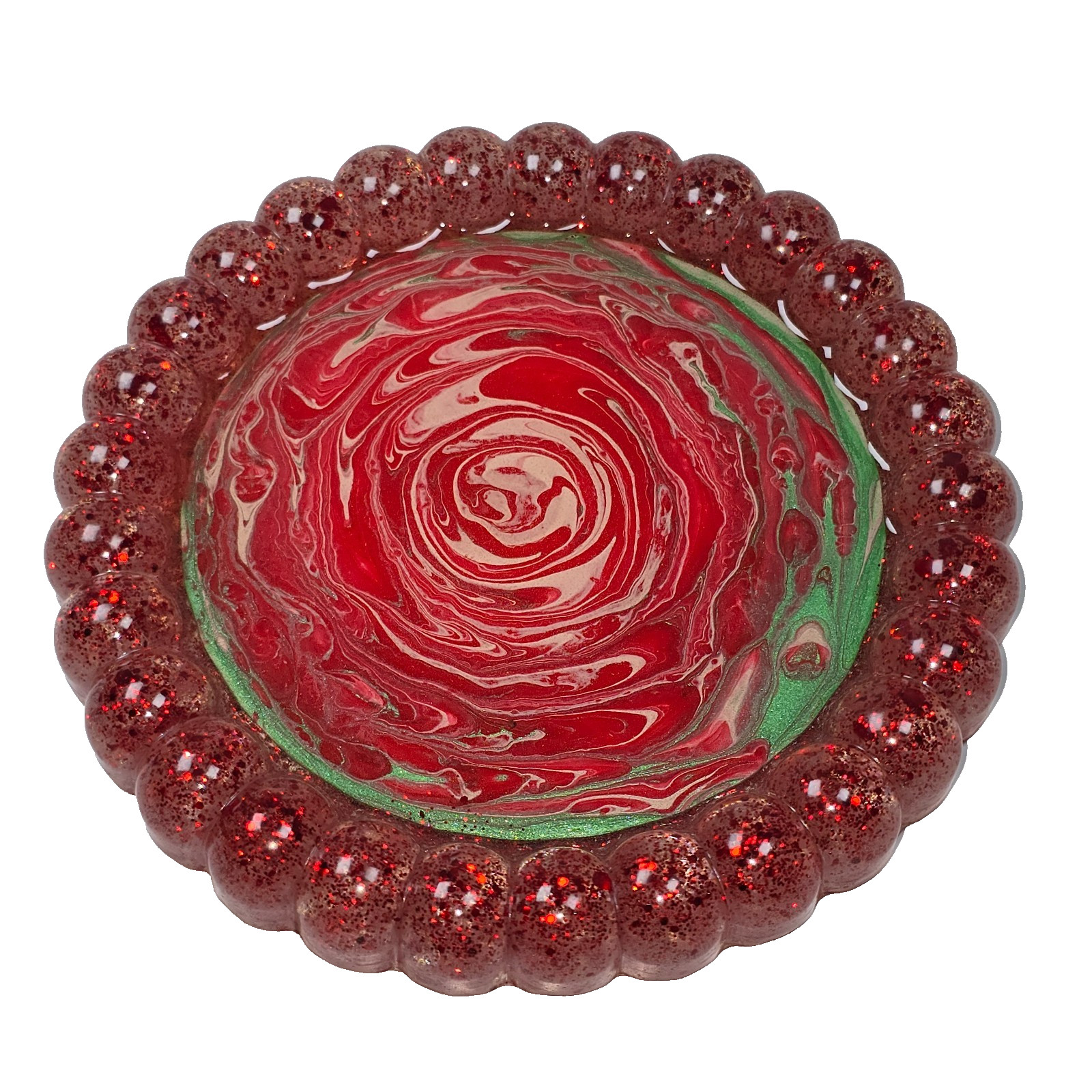 Handmade Resin Trinket Dish 5” Round Red Rose Swirl Glitter Bubble Rim Art