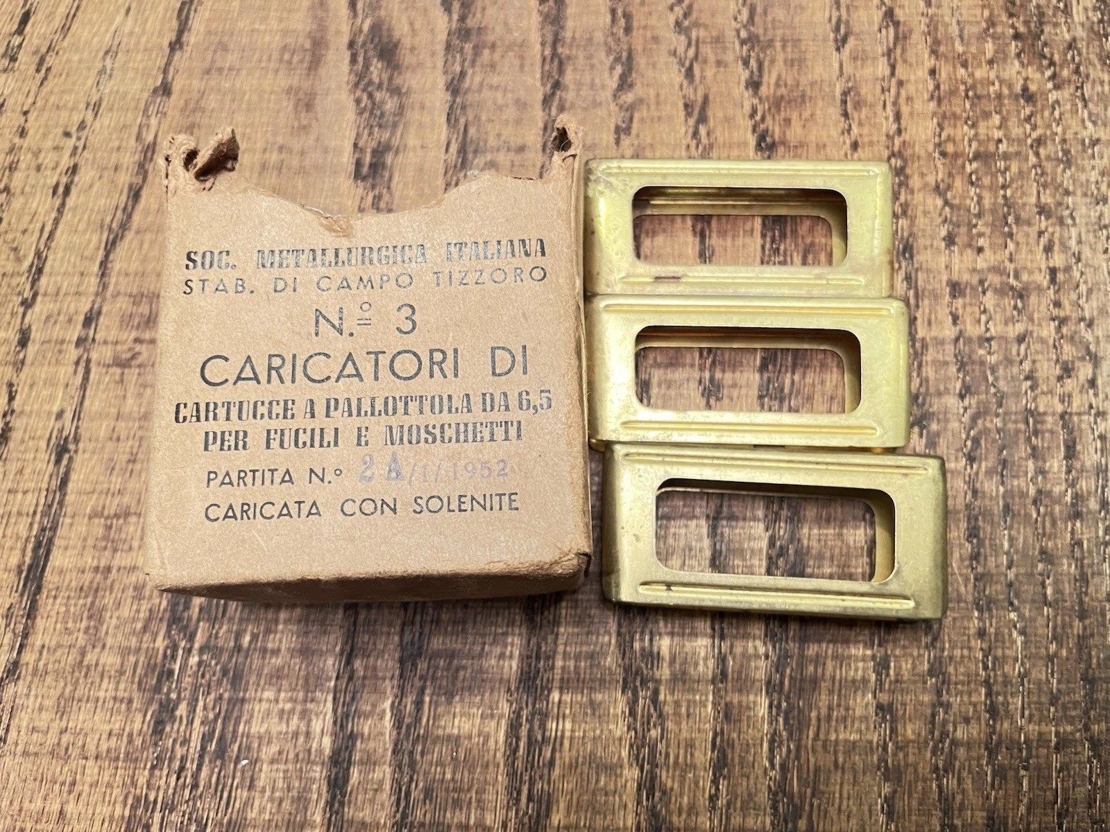 3 Original Brass Italian Carcano Enbloc Clips With Empty Box