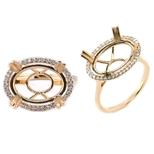 East-west Oval 16x12mm Semi Mount Cocktail Halo Ring 925 Silver Yellow Gold