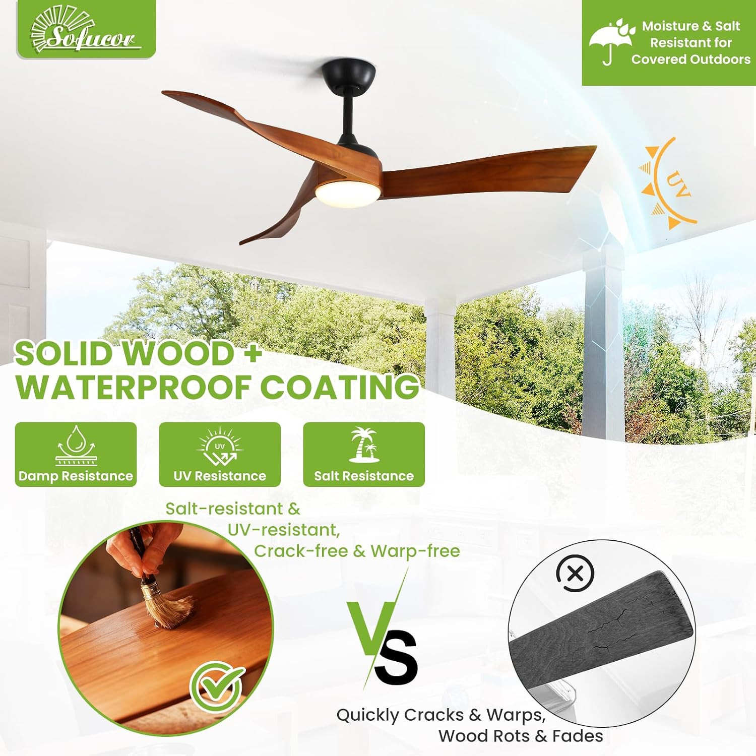 52 Inch Ceiling Fan with Light and Remote, Modern 3 Solid Wood Blades Ceiling Fa